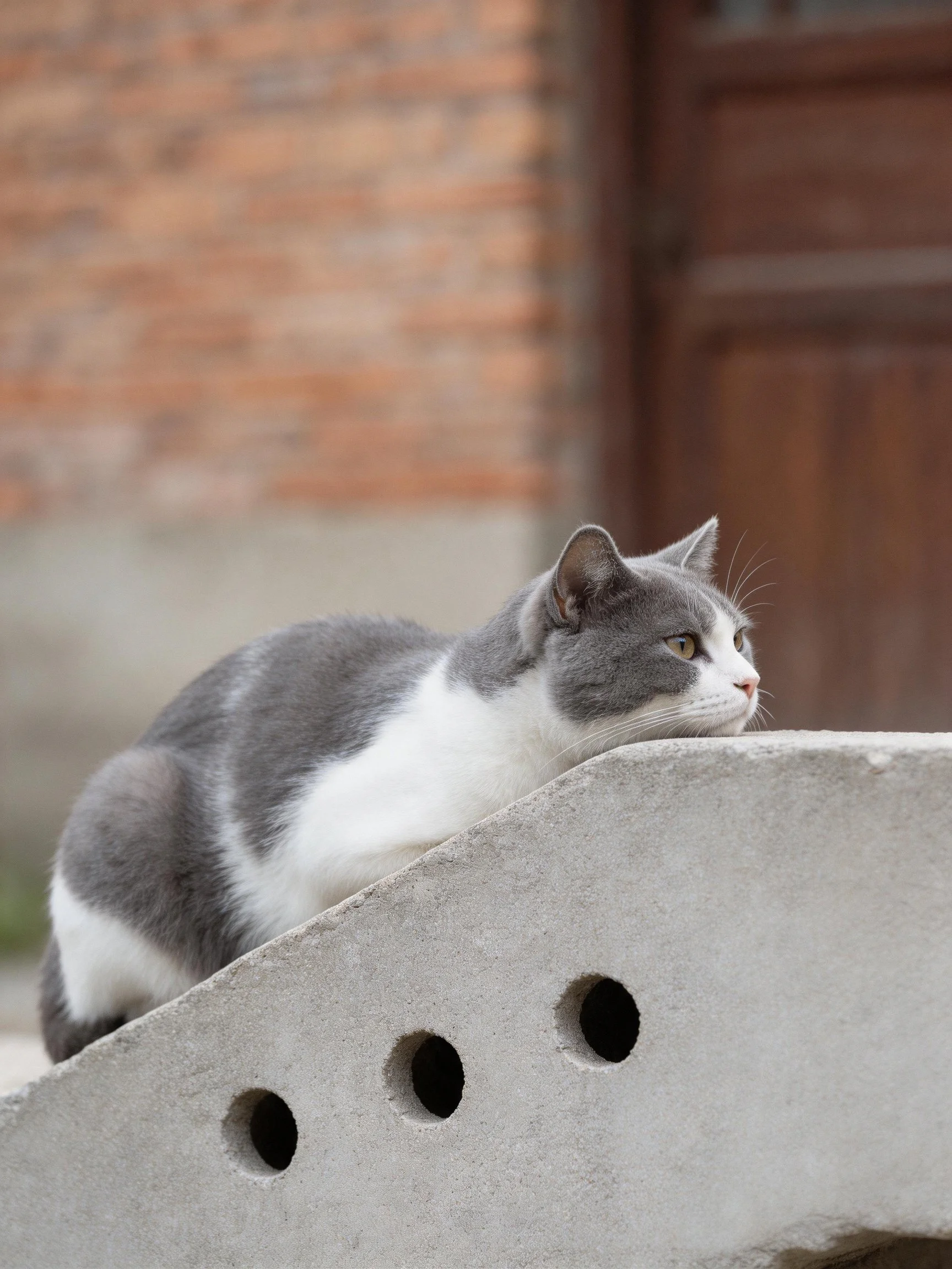 Gray and white cat resting on concrete structure near brick wall