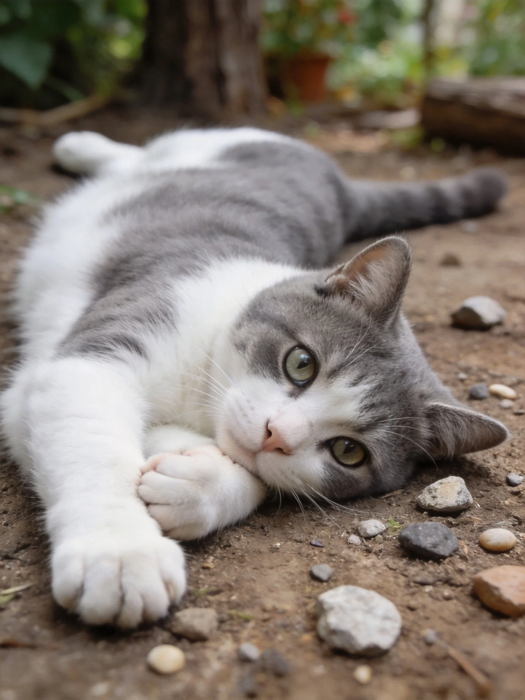 A gray and white cat rests on dirt among small rocks.