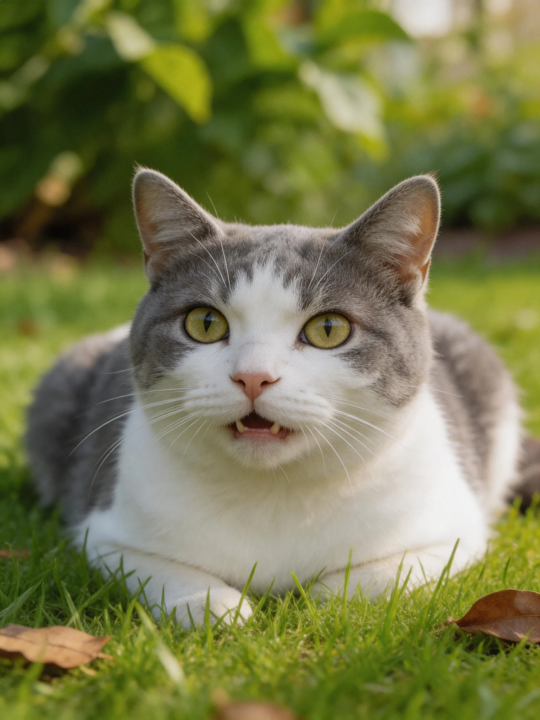 A gray and white cat relaxes on green grass amid foliage.