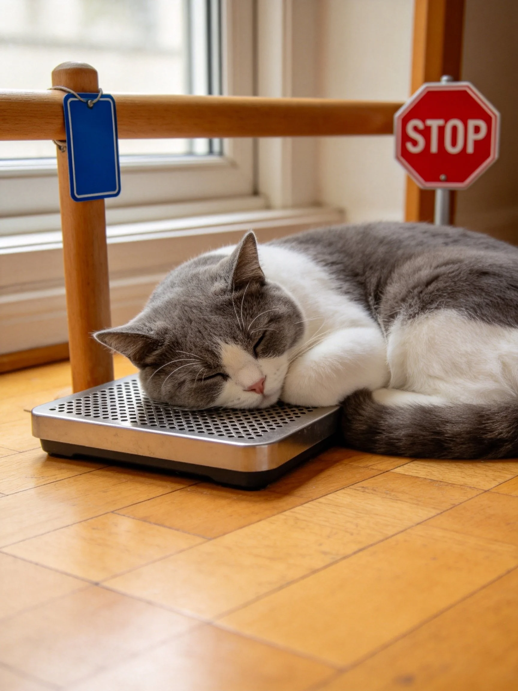A gray and white cat sleeps on a metallic scale beside wooden structures.
