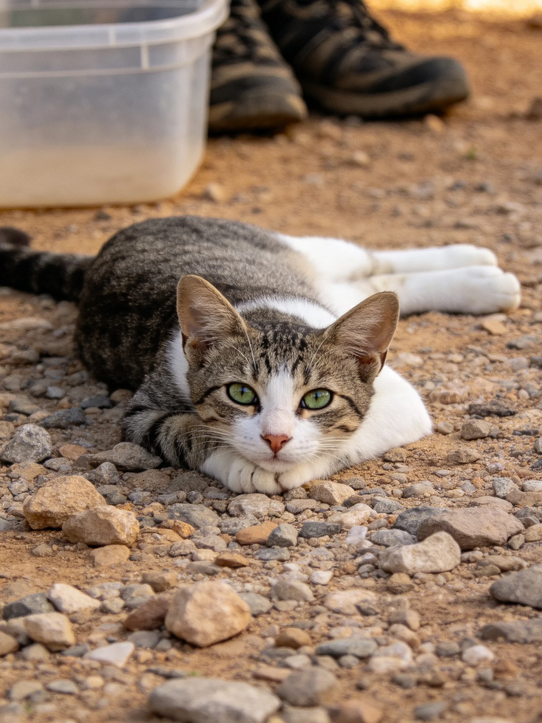 Gray-and-white cat rests on gravel near shoes and container