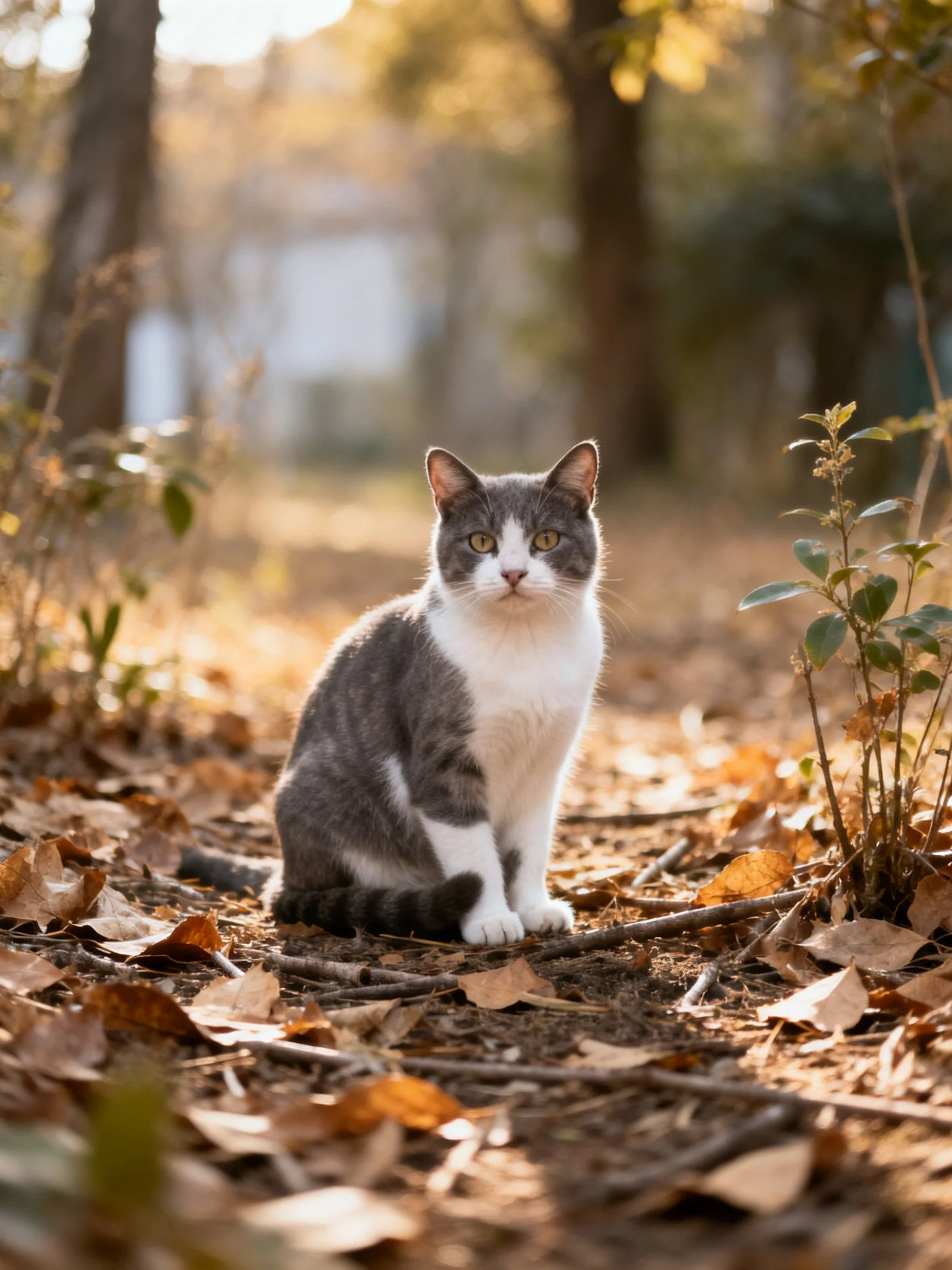 A gray and white cat sits peacefully on a leaf-littered forest floor illuminated by warm sunlight.