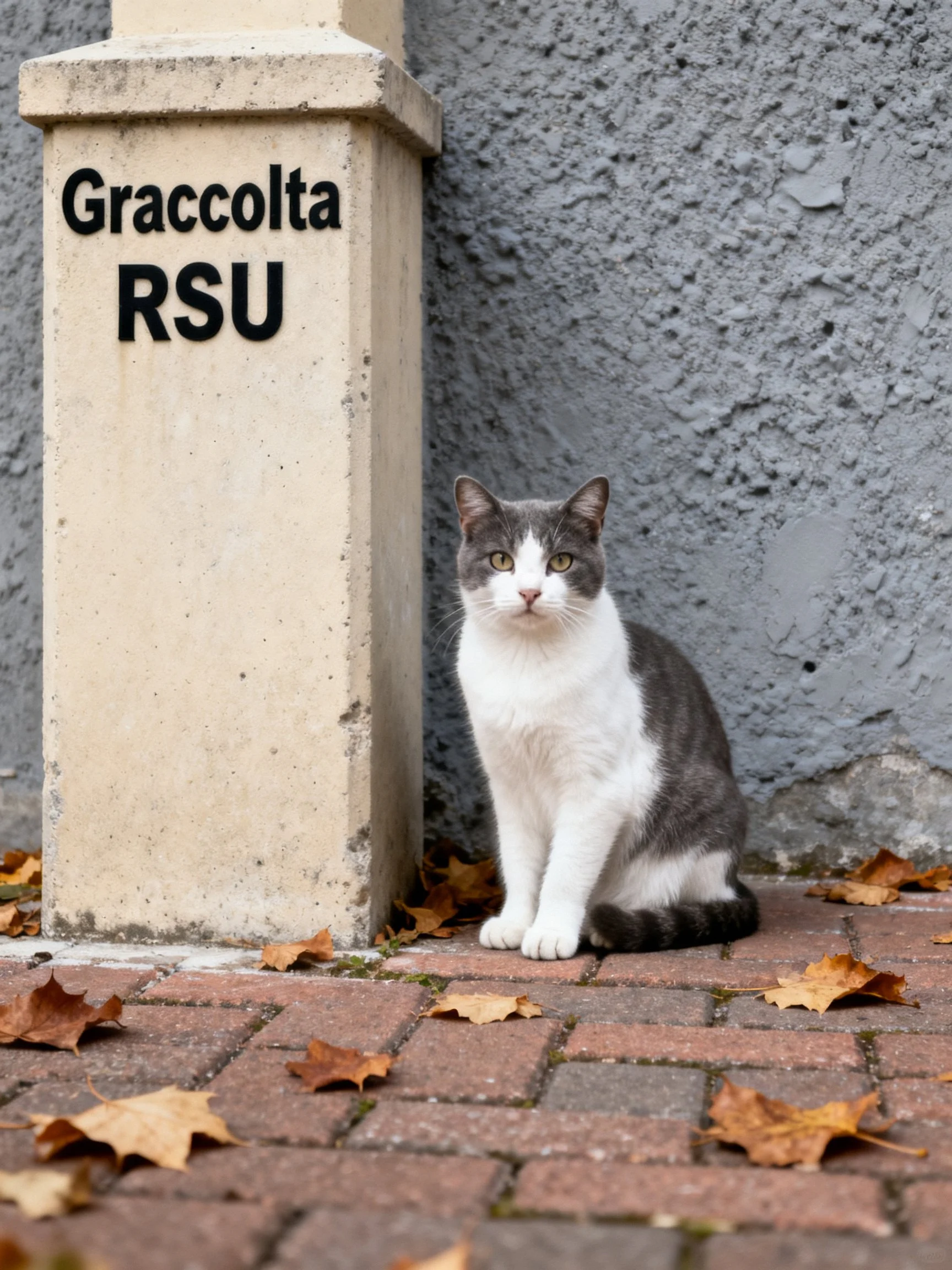 A gray and white cat rests beside a stone marker on a leaf-covered brick path.