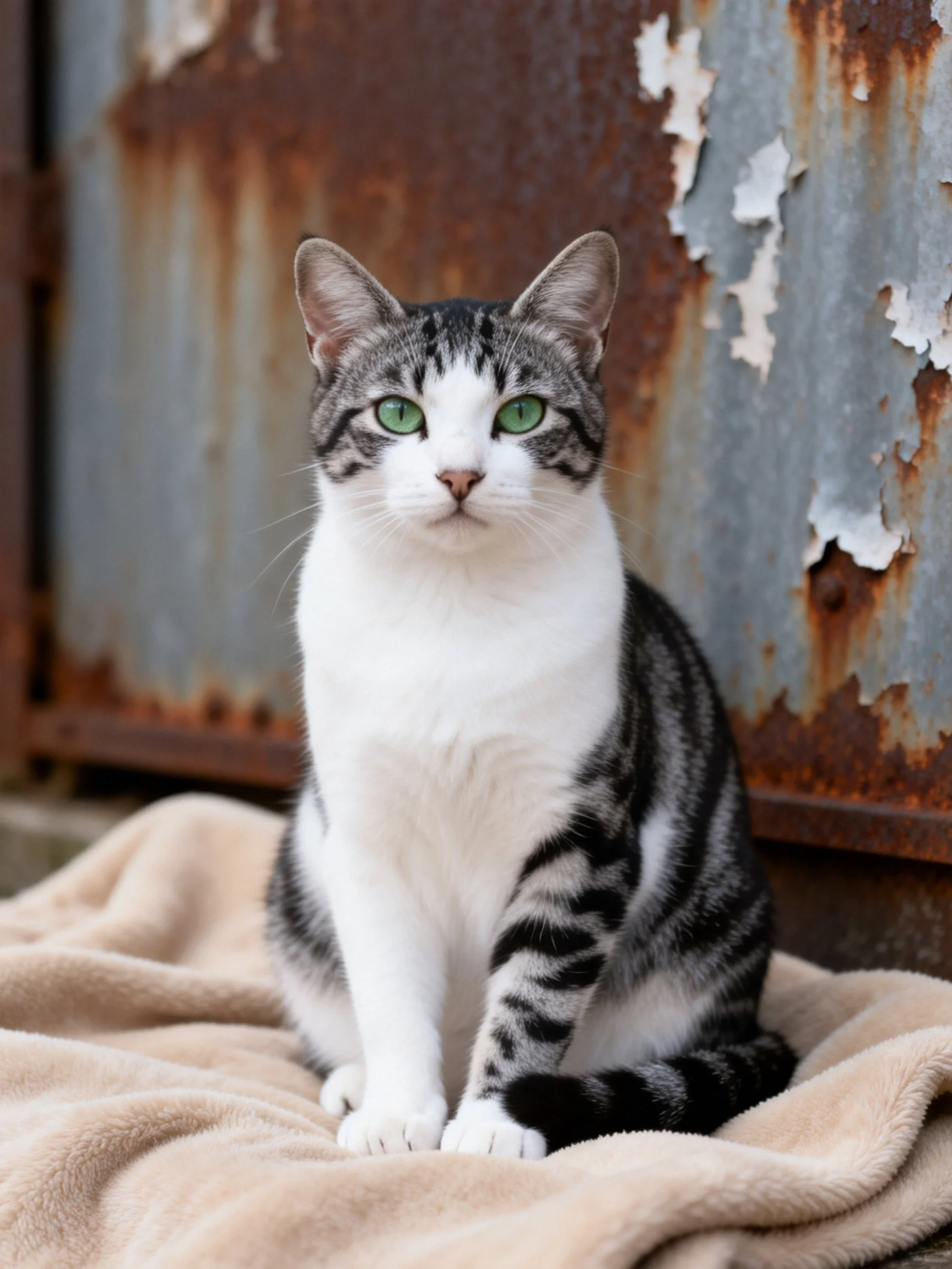 A gray-and-white cat sits calmly on a blanket by a weathered metal structure.