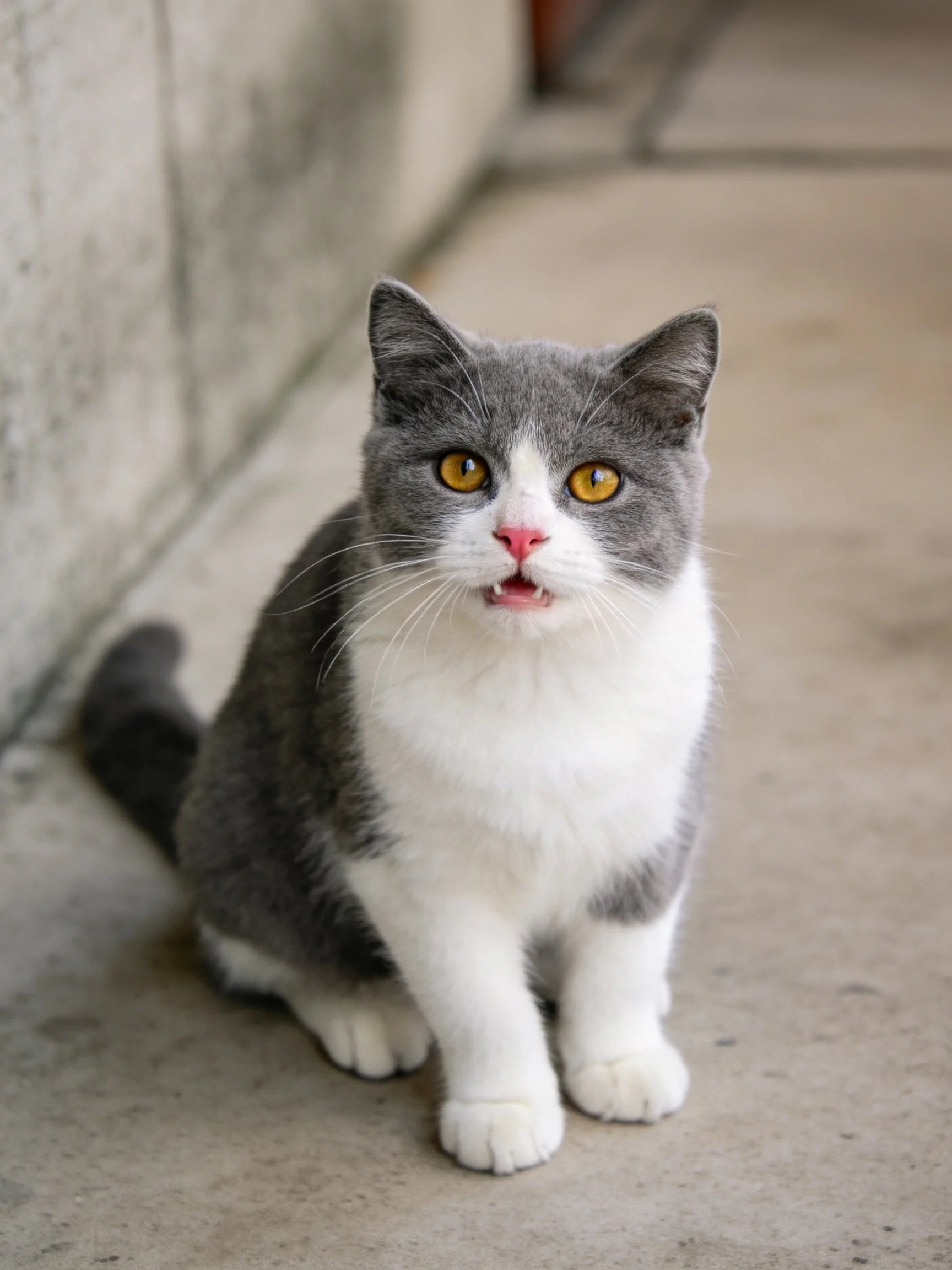 Gray and white cat sits on concrete near a wall