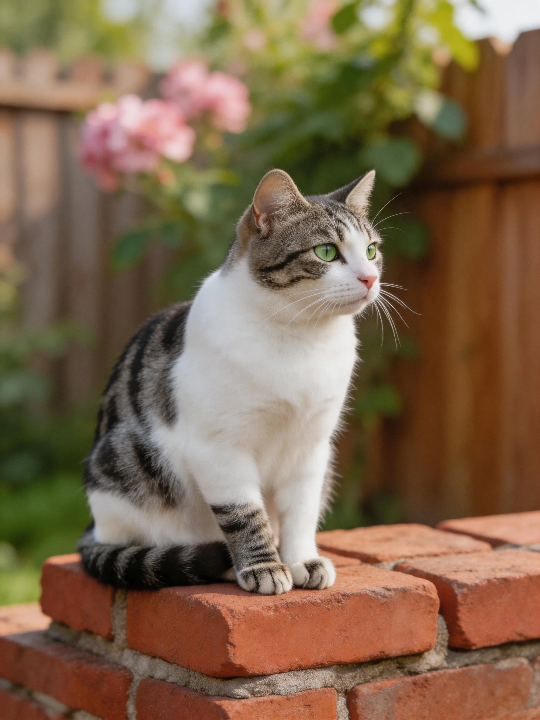 A gray-and-white cat rests on a red brick structure in a garden with pink flowers.