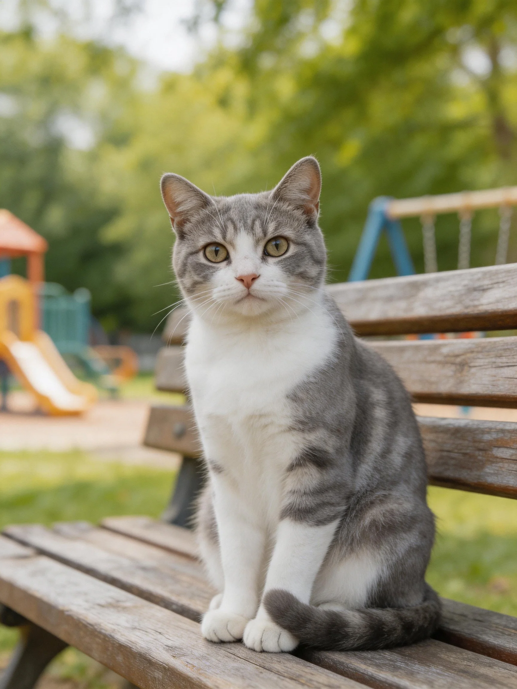 A gray and white cat sits on a wooden bench in a sunny park.