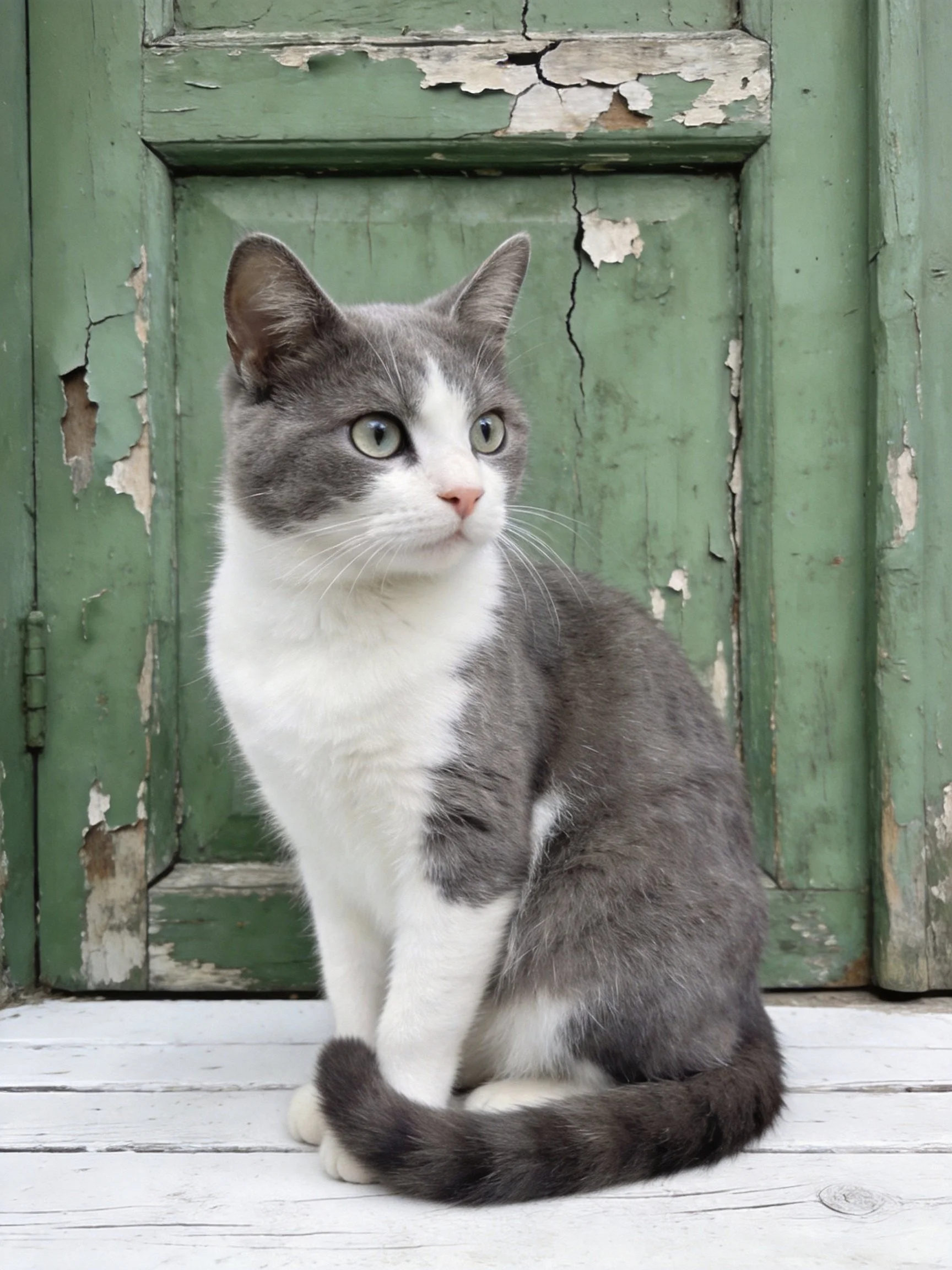 Gray and white cat sitting by weathered green wooden door