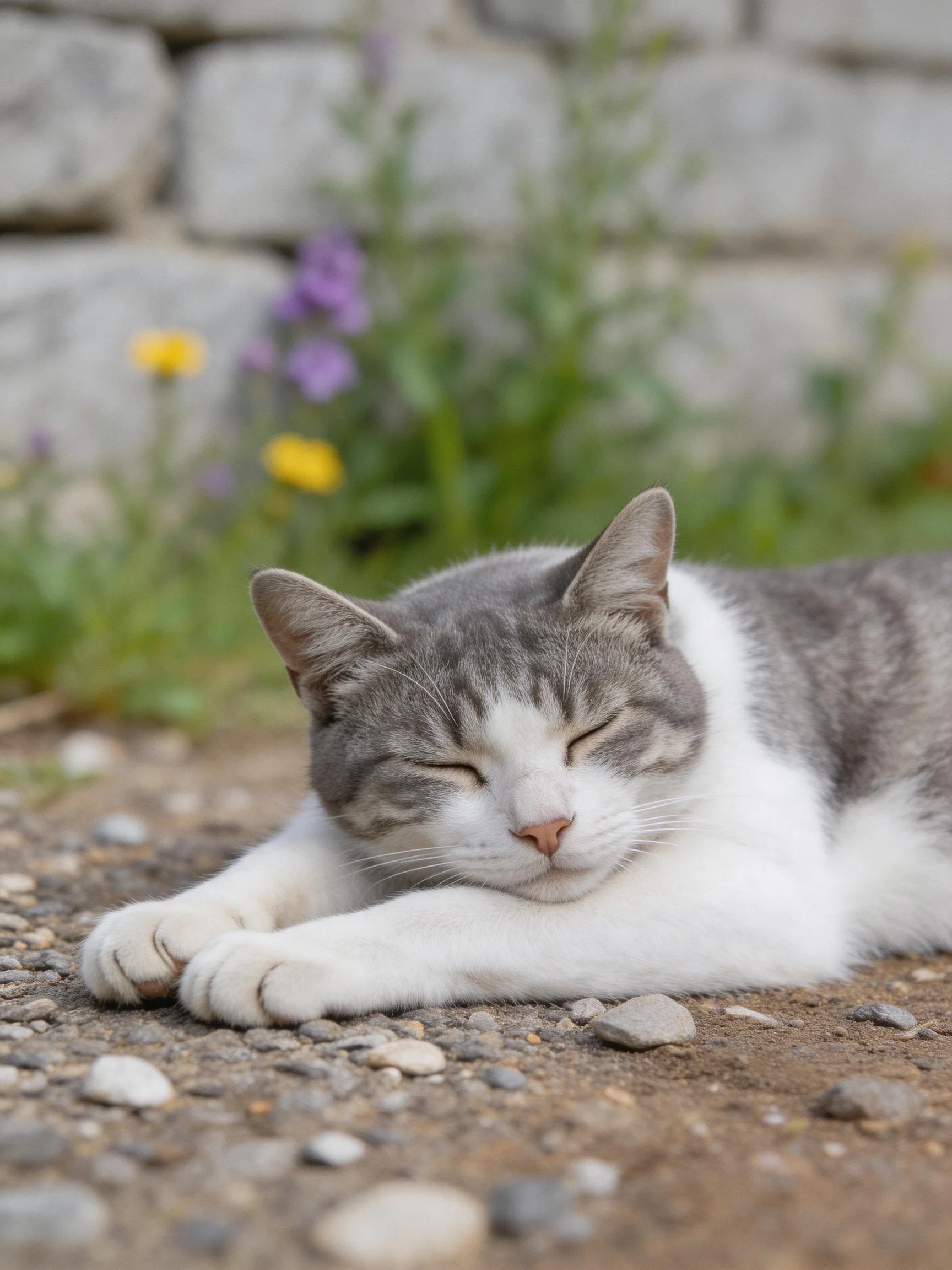 Gray and white cat sleeping on gravel near stone wall with flowers