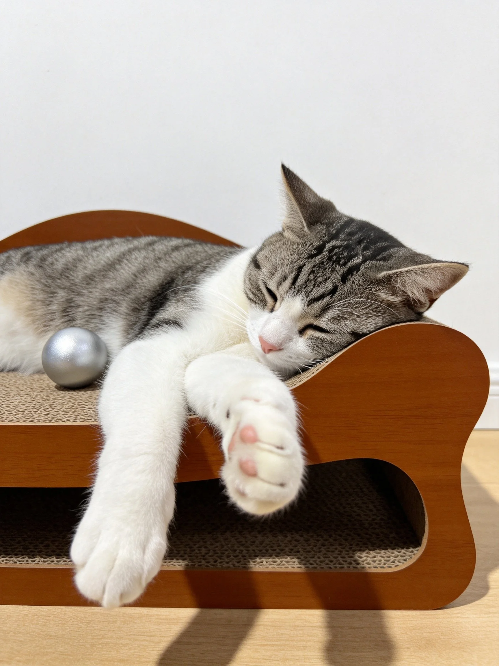 Gray and white cat sleeps on wooden pet bed with silver ball