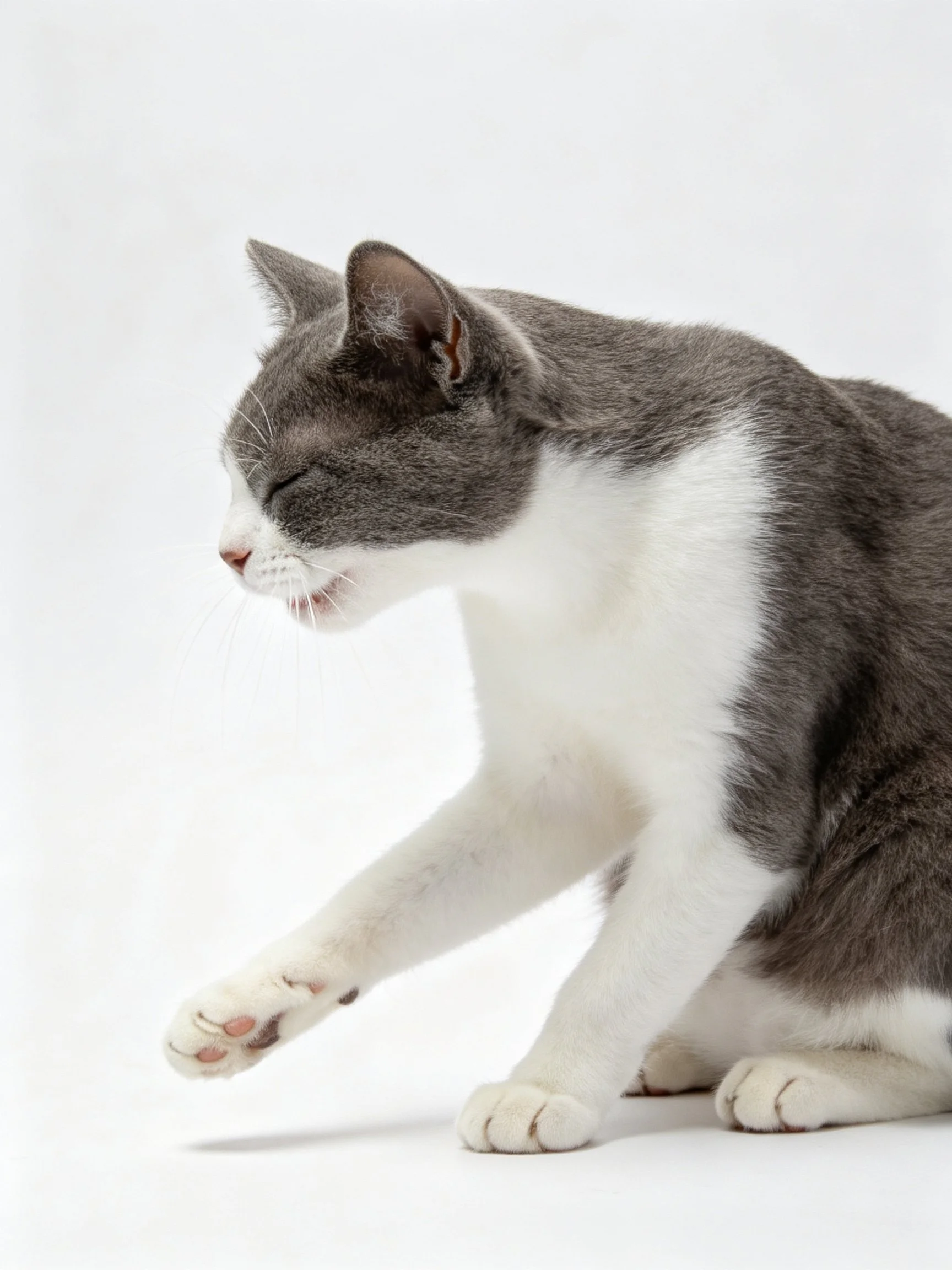 Gray and white cat stretches, paw extended toward viewer