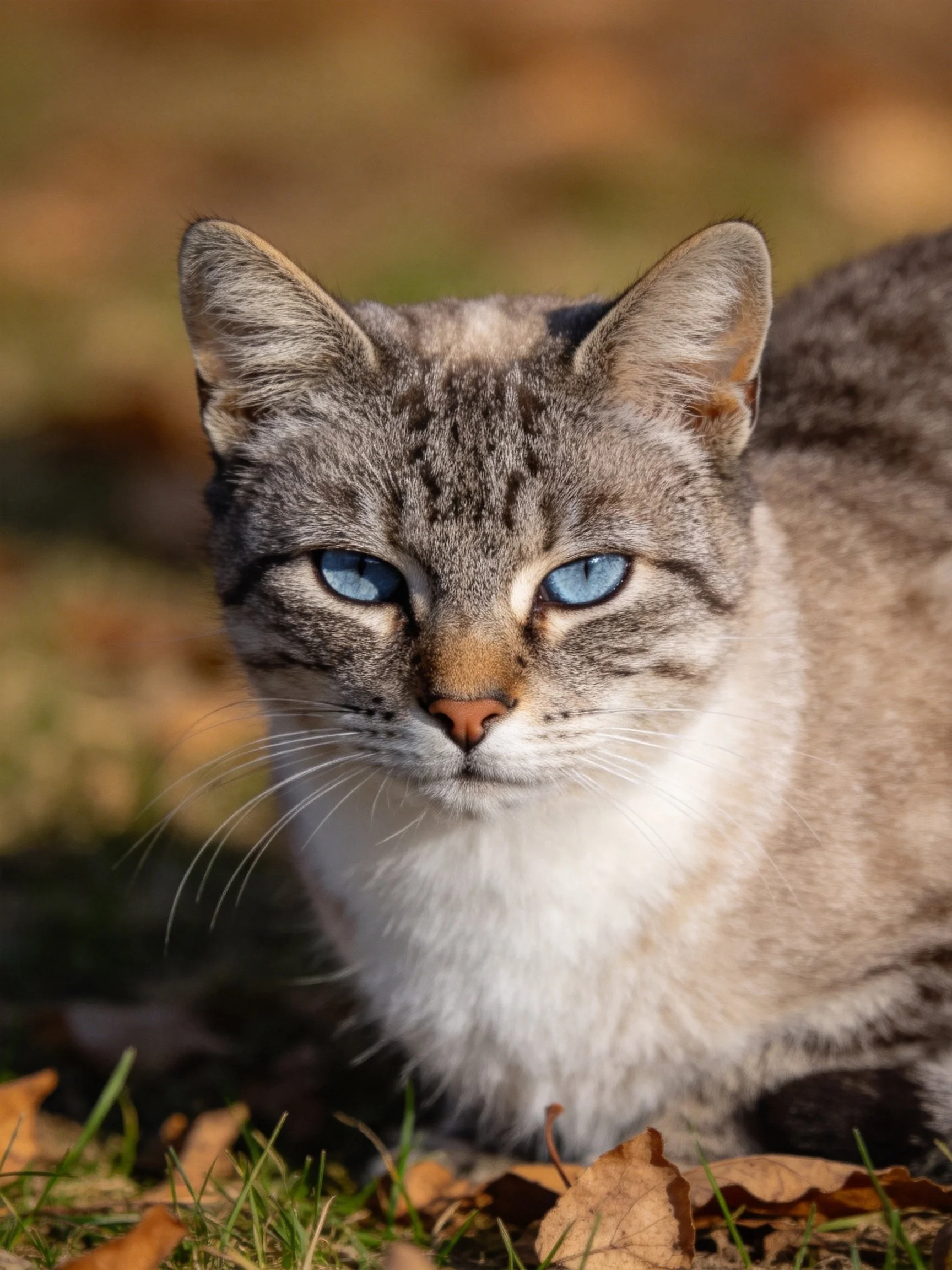 A gray and white cat with blue eyes sits among autumn leaves and grass