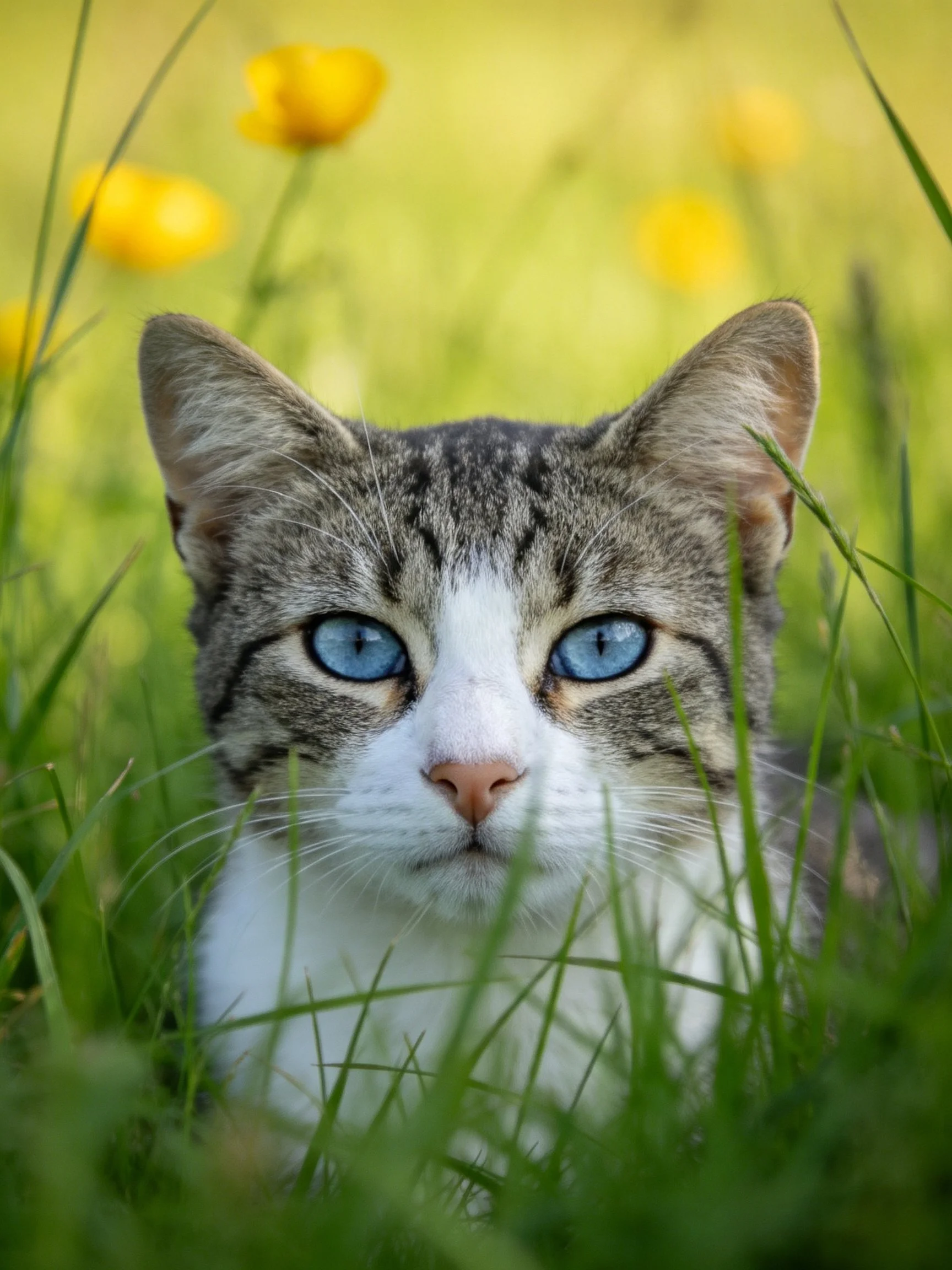 A gray and white cat with blue eyes is nestled among tall green grass.