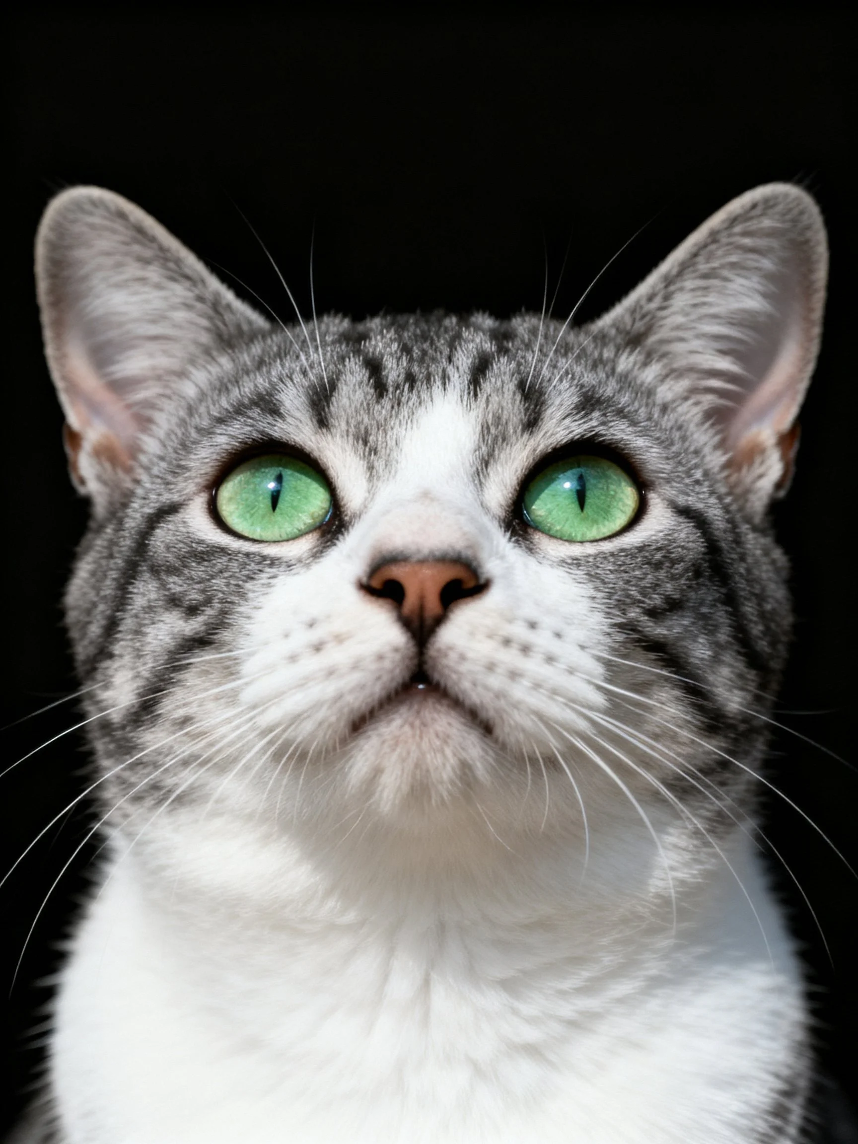 A gray and white cat gazes upward with bright green eyes.
