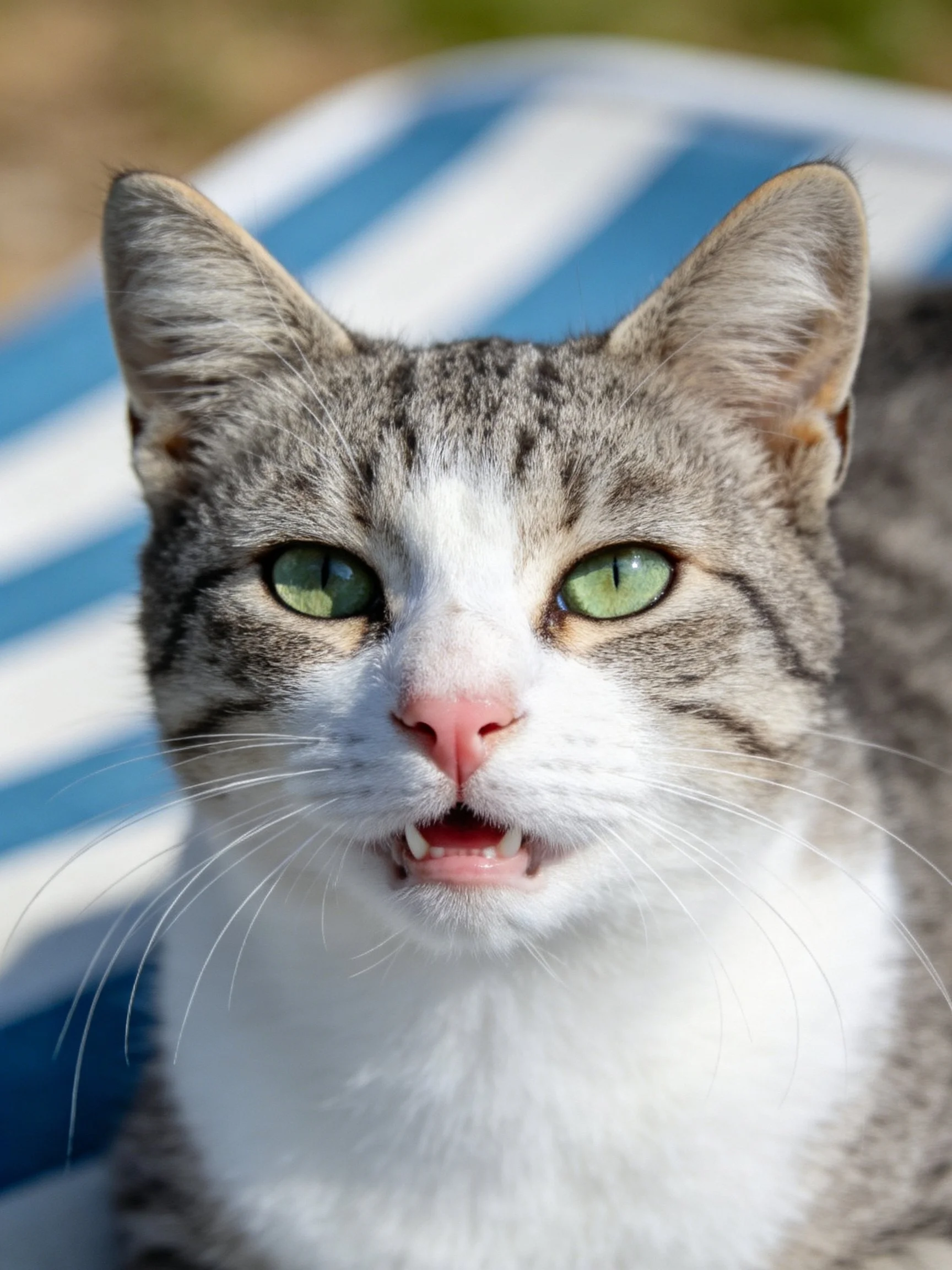 A gray and white cat with bright green eyes sits on a blue and white striped surface.