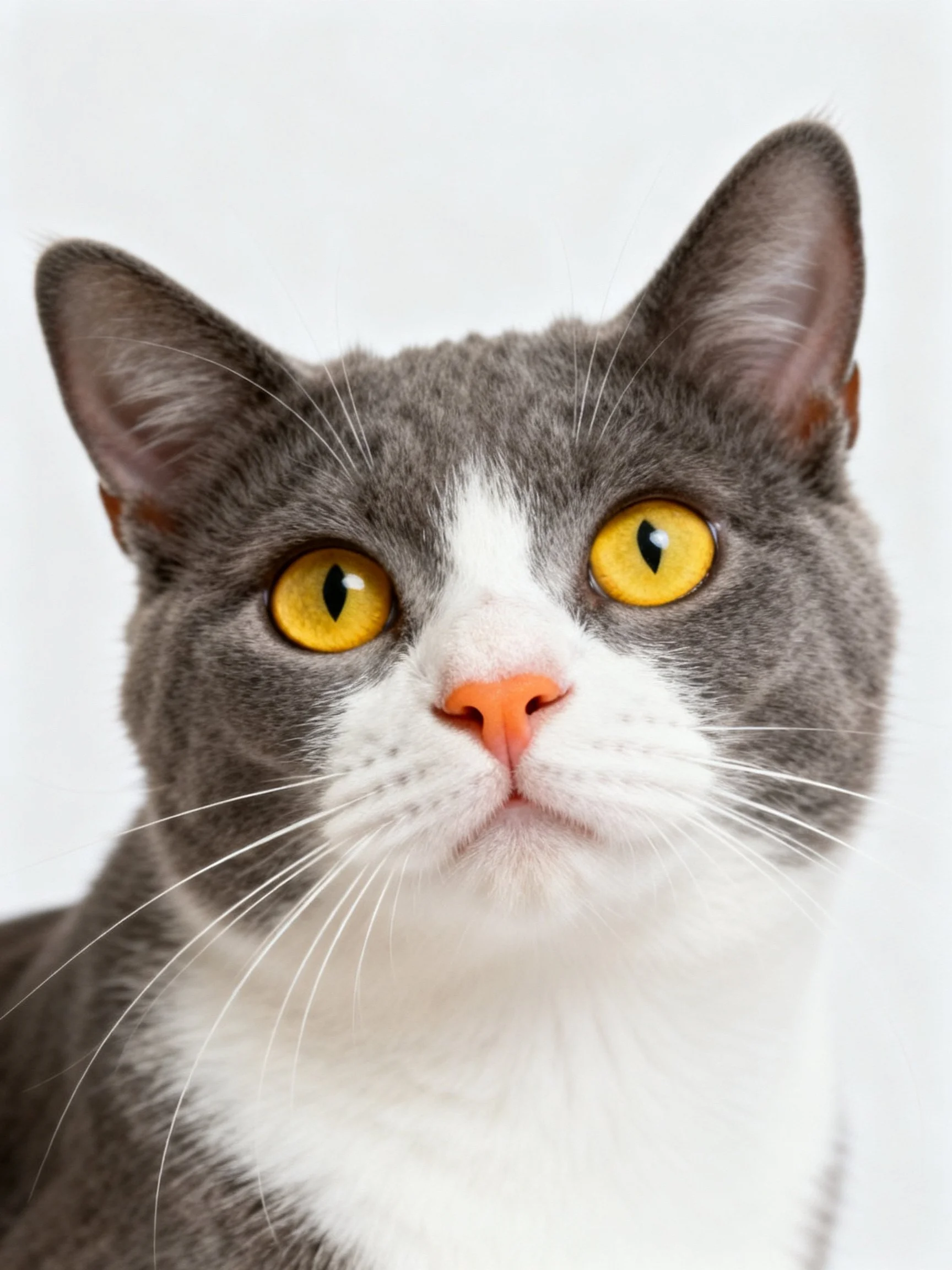 A gray and white cat gazes directly at the viewer with striking yellow eyes.