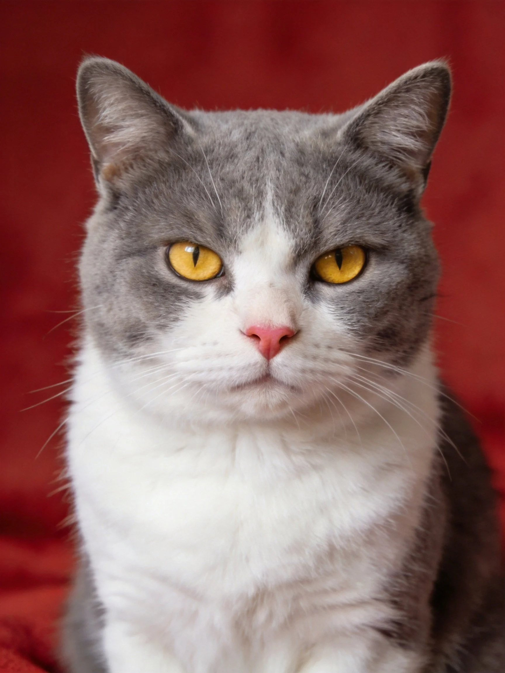 A gray and white cat with yellow eyes rests calmly before a red backdrop.