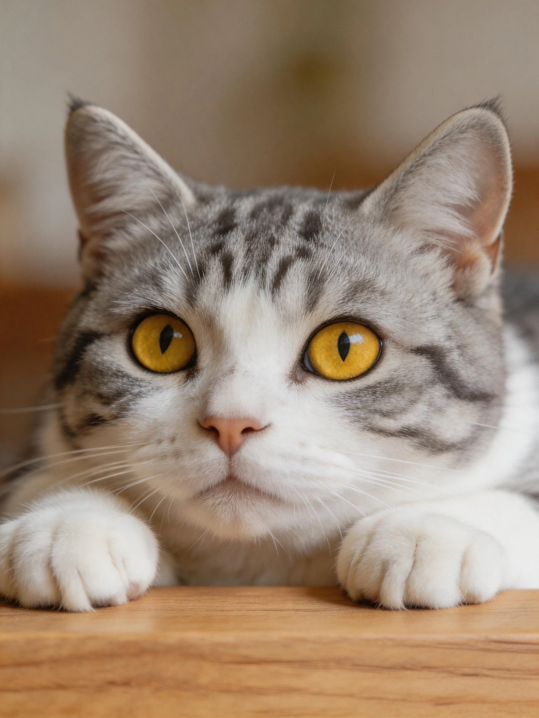 A gray and white cat with bright yellow eyes rests near a wooden edge.