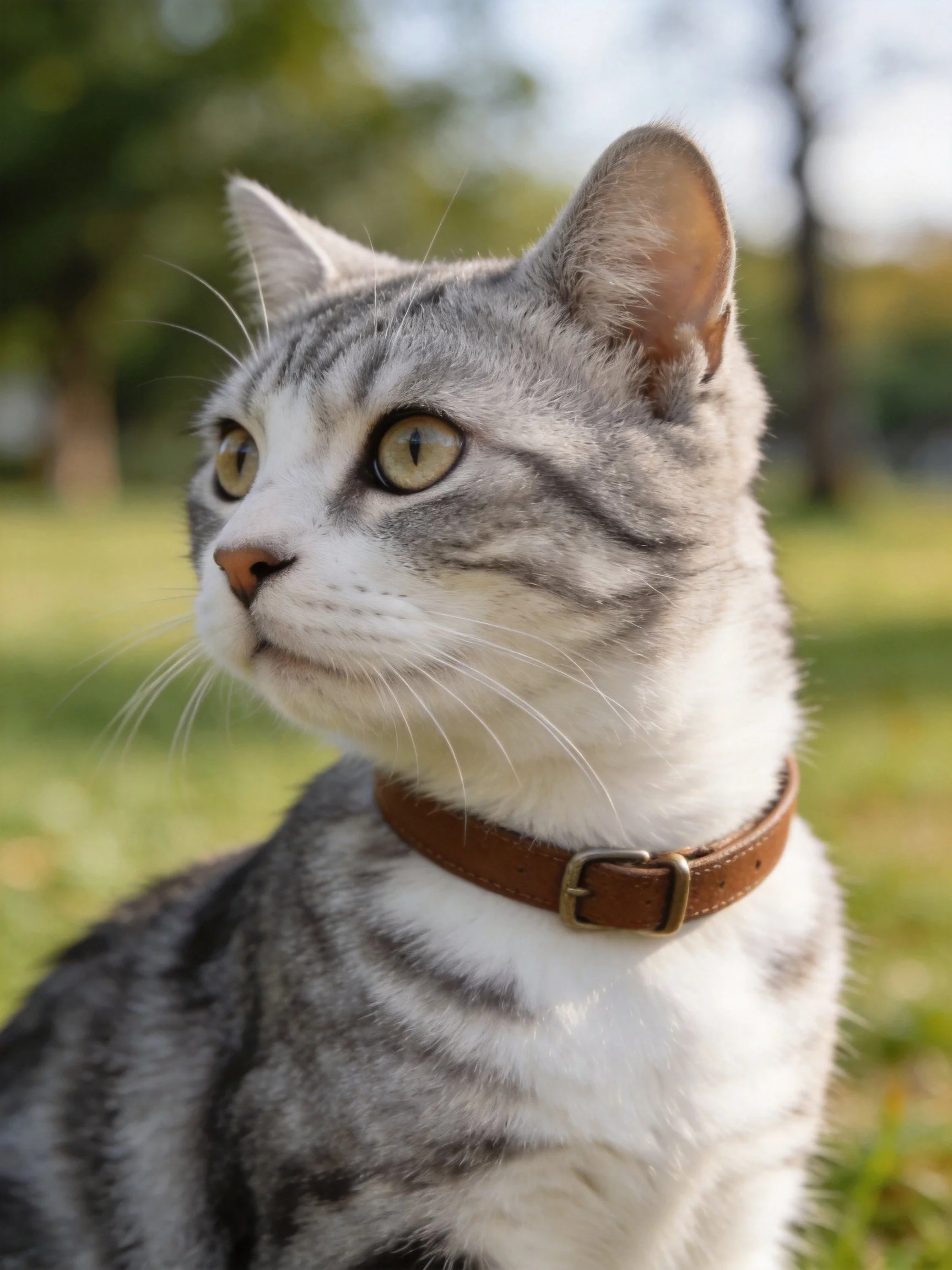A gray and white cat with a brown collar gazes attentively outside.