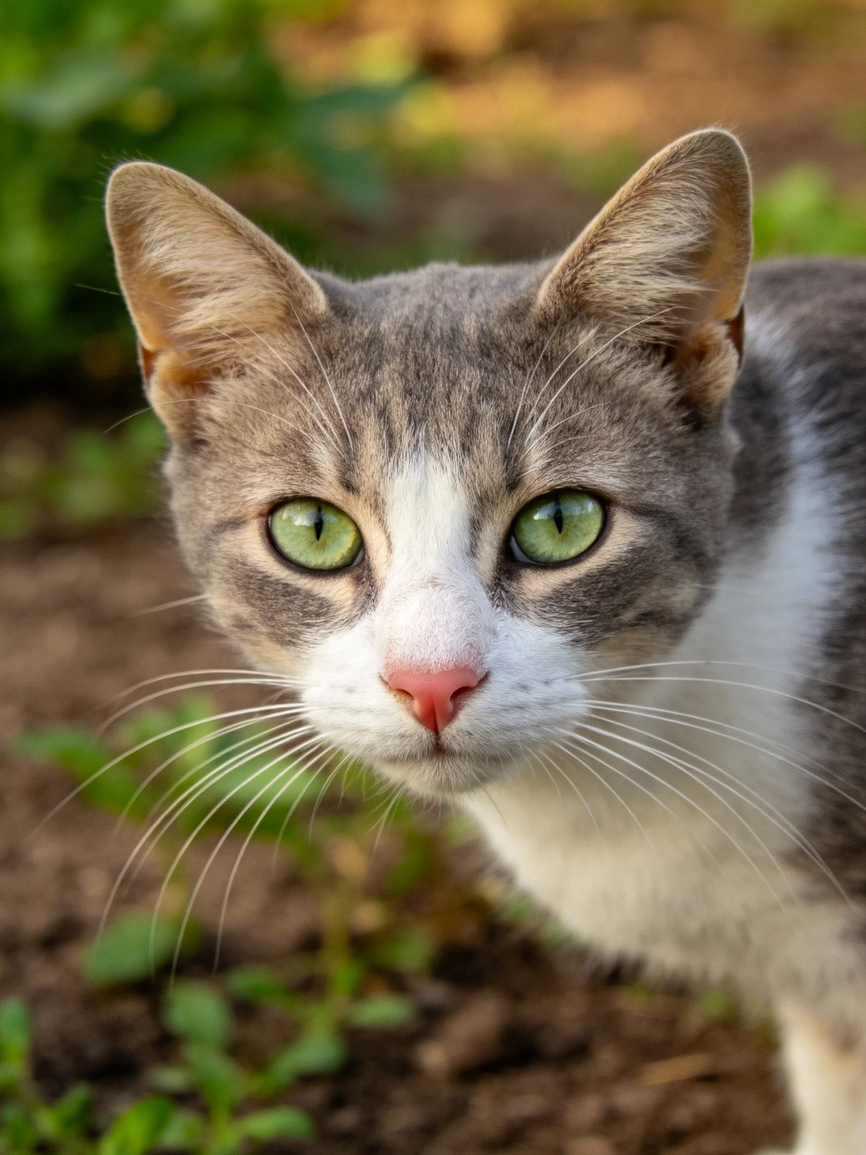 A gray and white cat with green eyes is outdoors near plants.