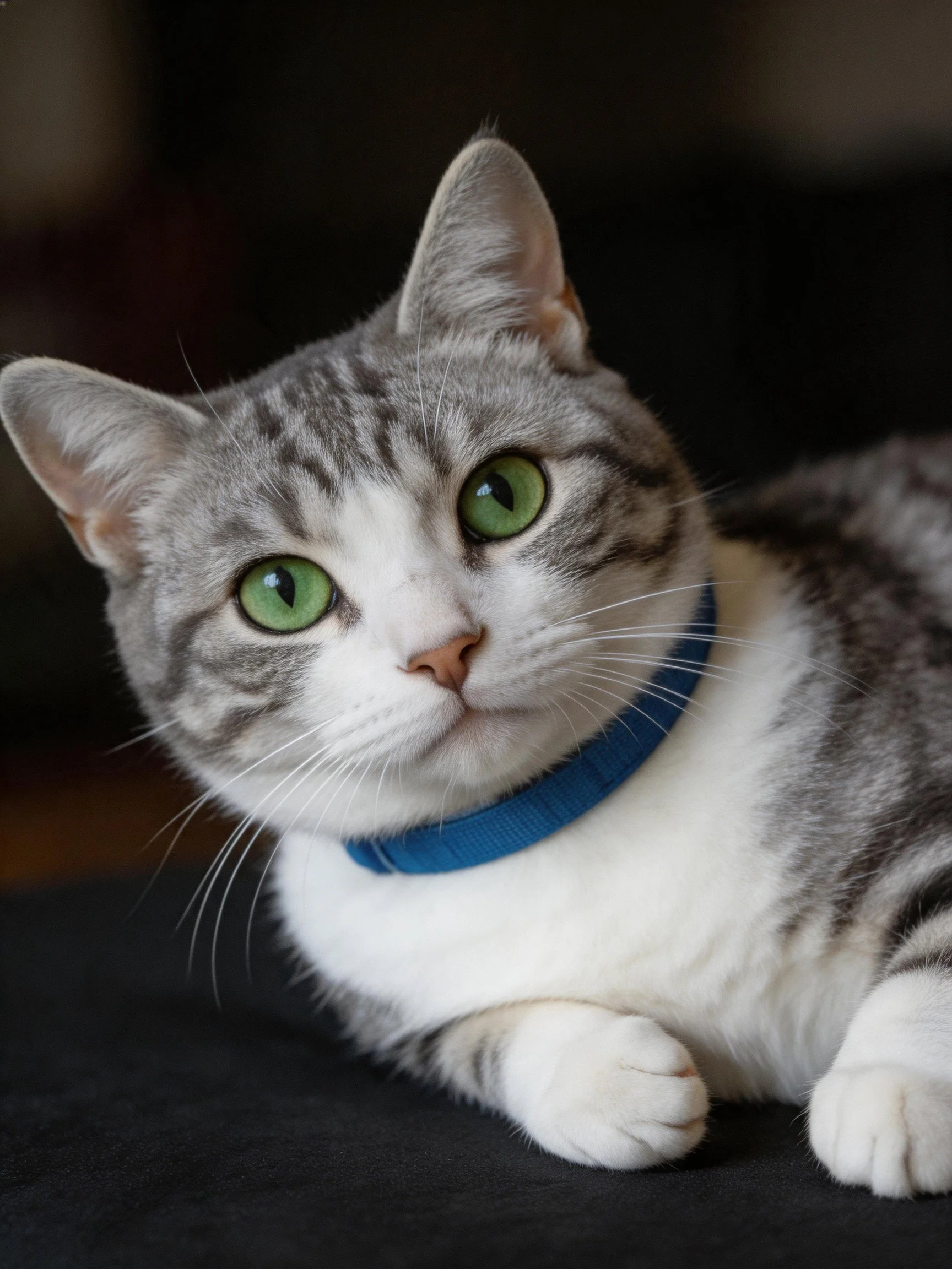 A gray and white cat with green eyes rests while wearing a blue collar.