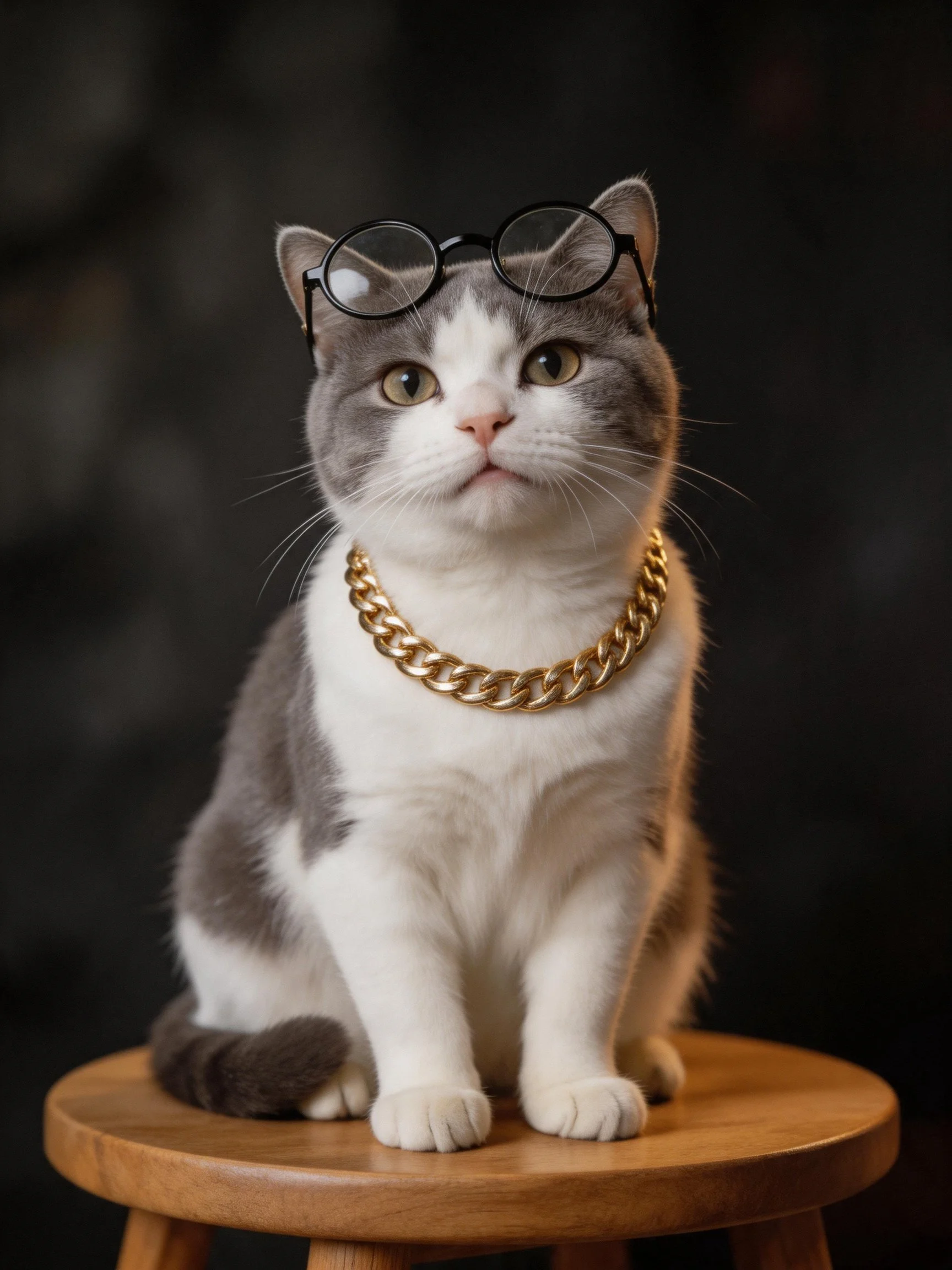 Gray and white cat with round glasses and gold chain on wooden stool