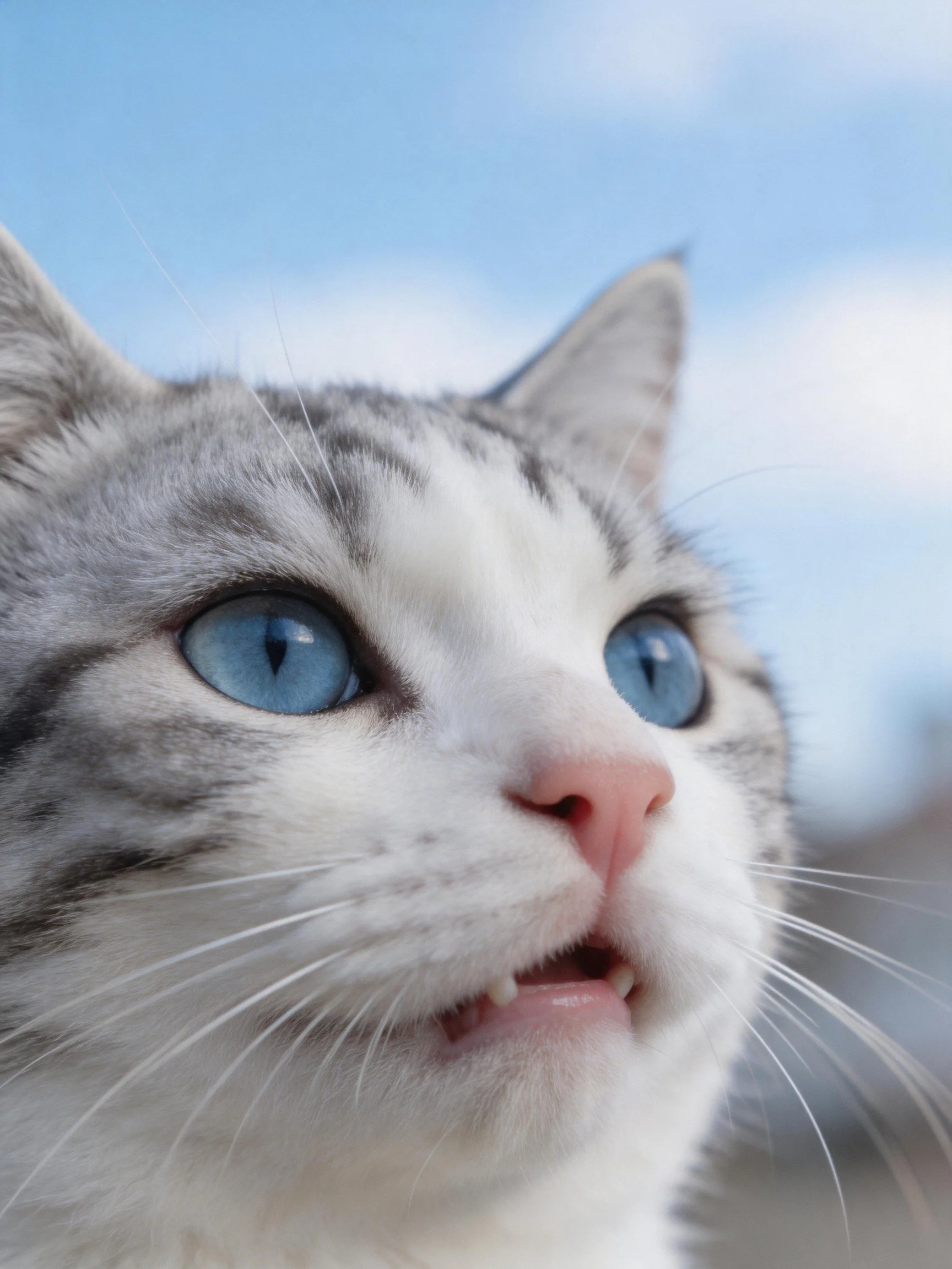 Gray and white cat with striking blue eyes near a clear sky