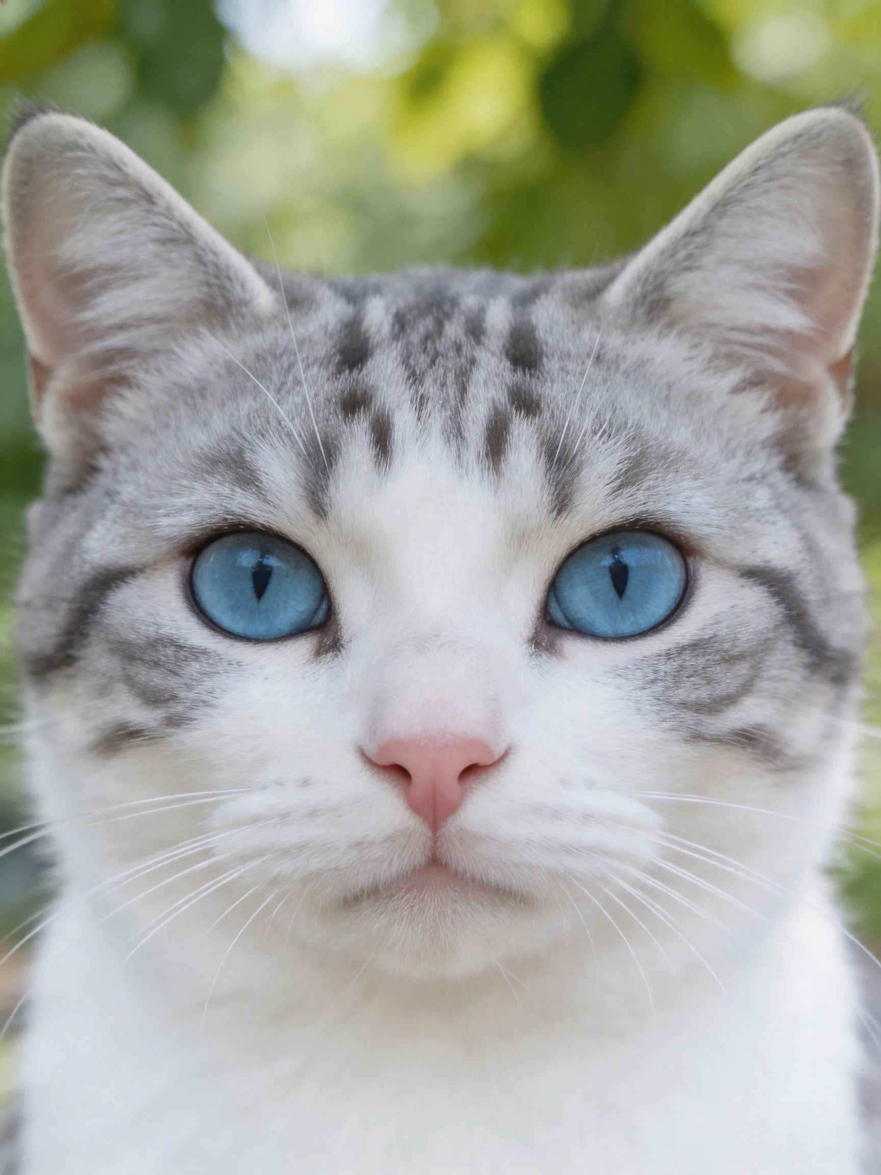 A gray and white cat with vivid blue eyes is centered against a blurred green background.
