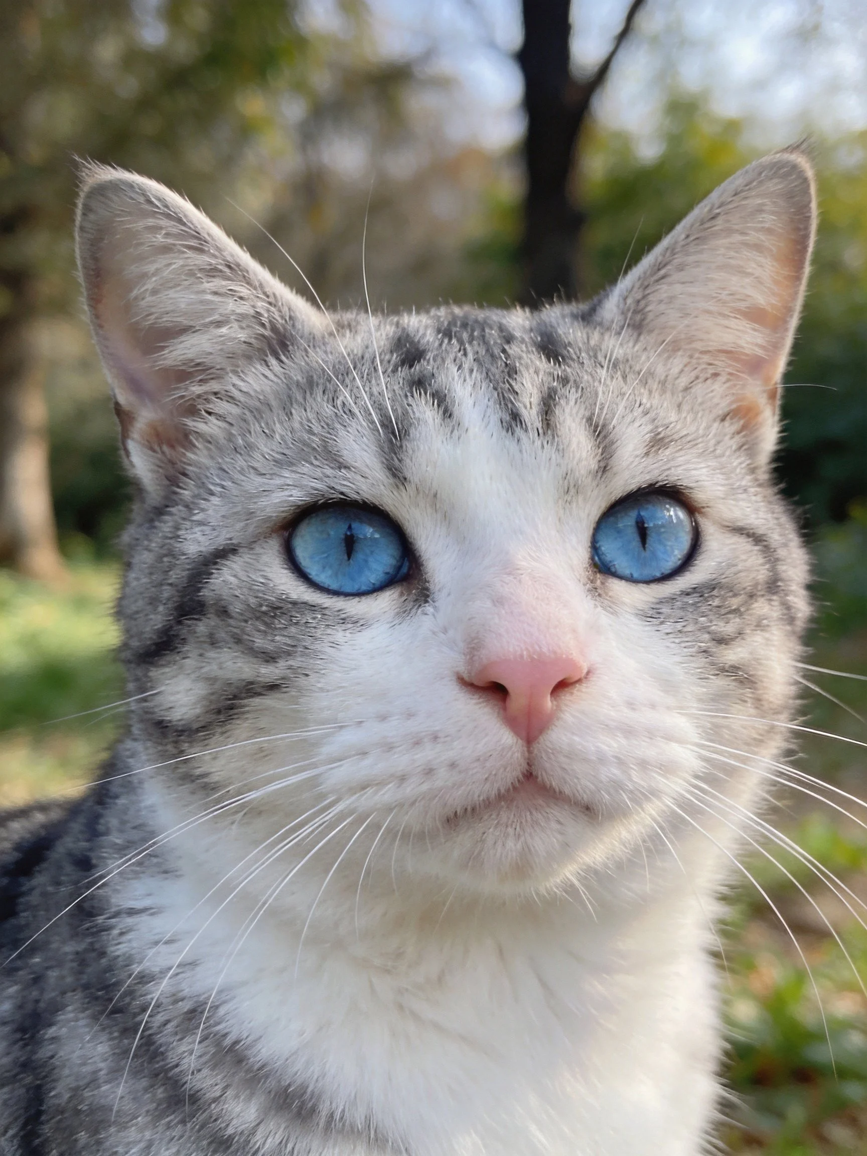 A gray and white cat with blue eyes is depicted outdoors.
