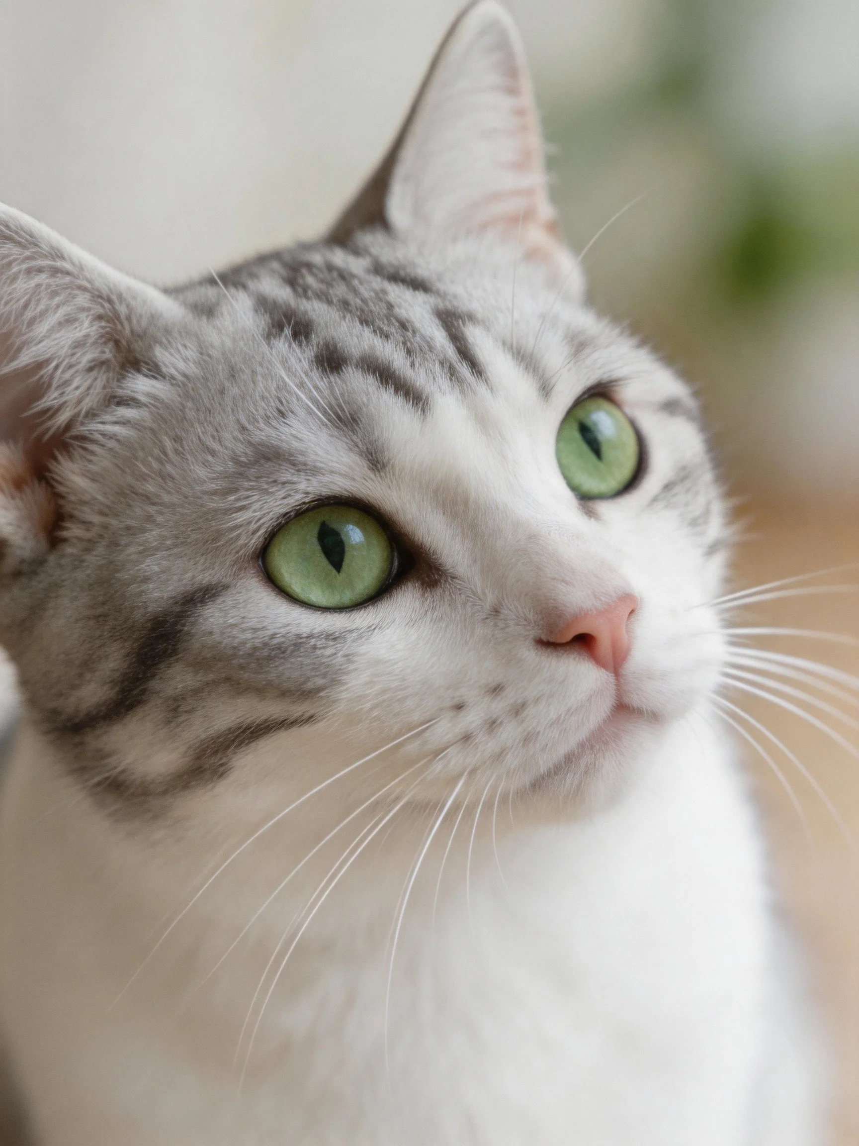 Gray and white cat with vivid green eyes and long whiskers