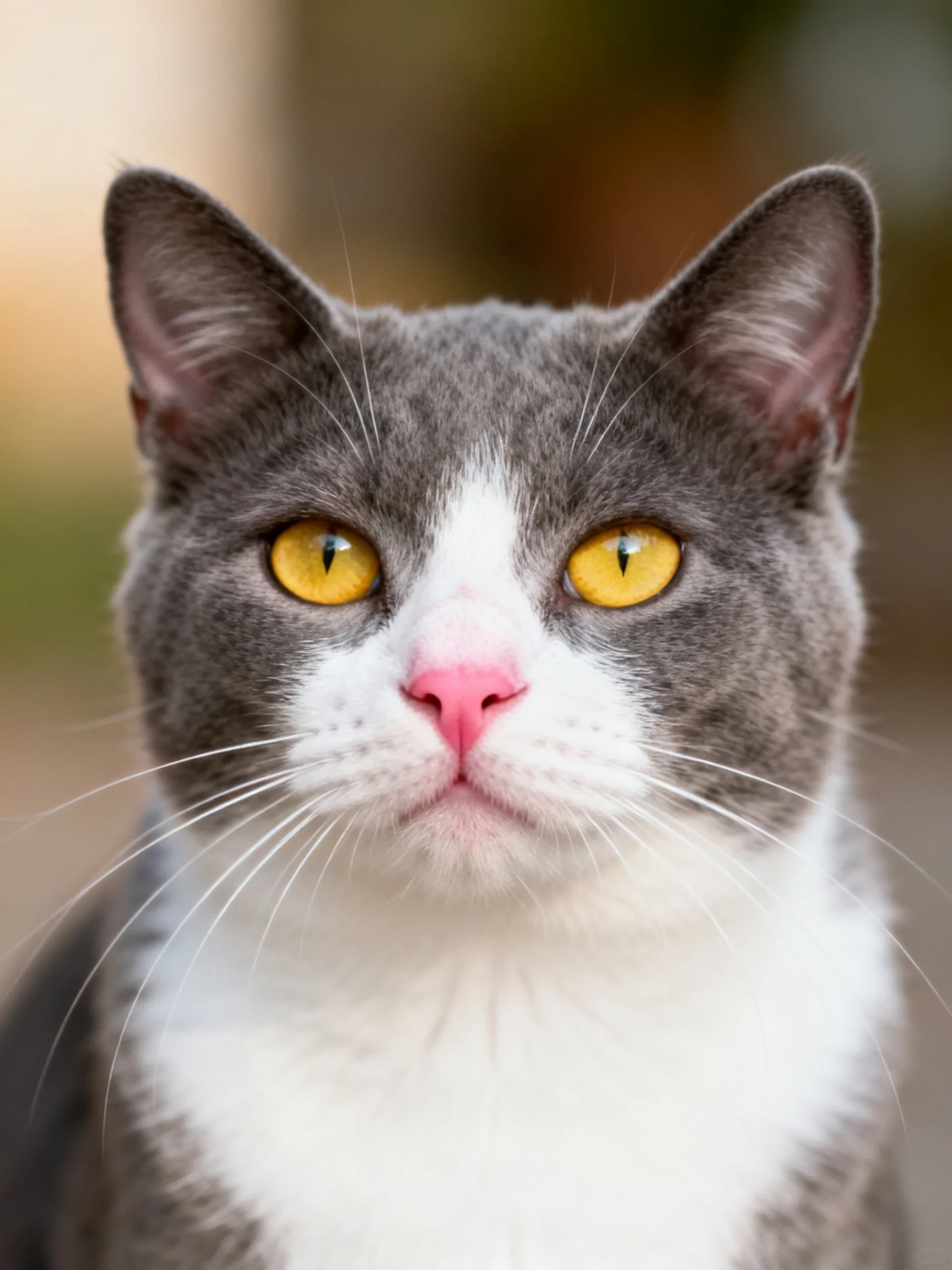 A gray and white cat with vivid yellow eyes and pink nose stares directly at the viewer.