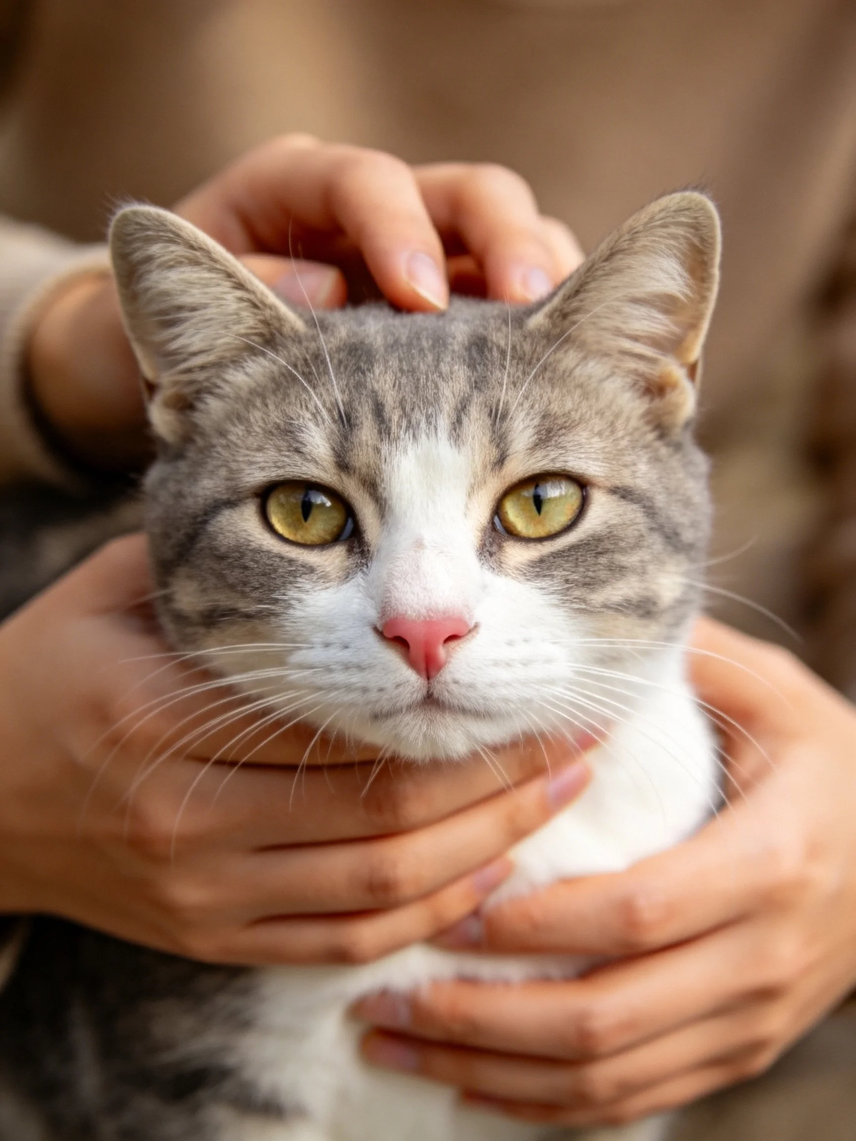 A gray and white cat with yellow eyes is gently held by human hands