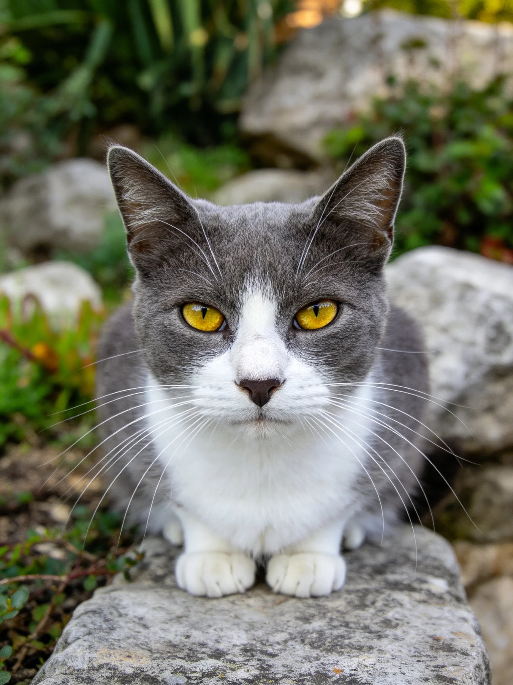 A gray and white cat with yellow eyes rests on a stone amid rocks and greenery