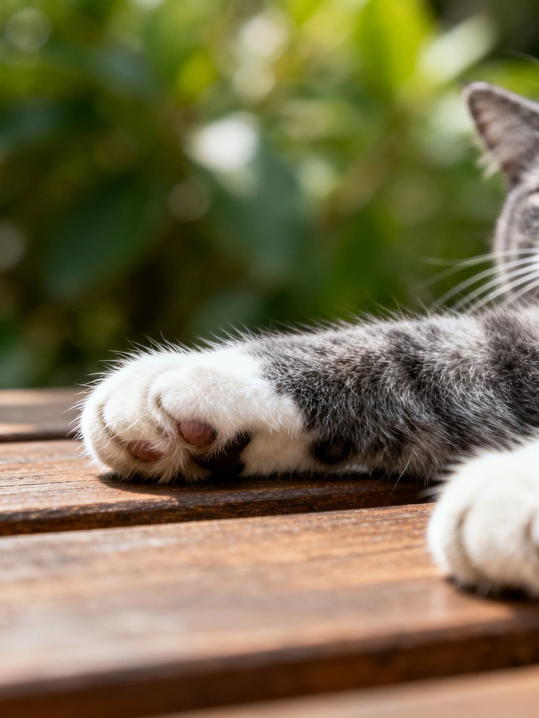 Gray and white cat’s paw on wooden table with green backdrop