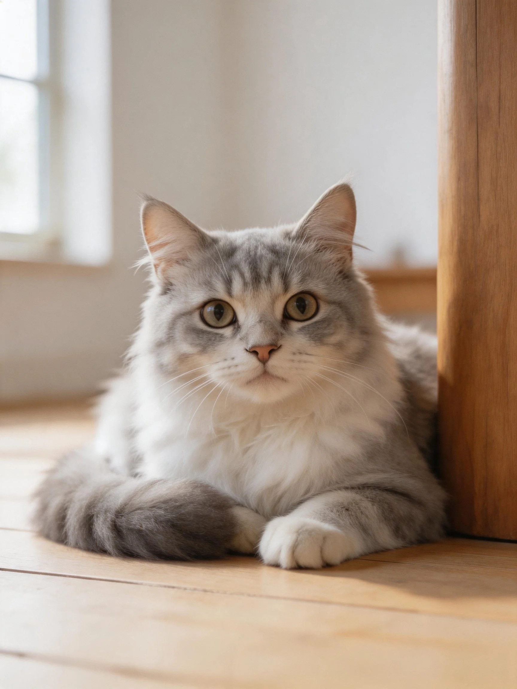 A gray and white cat relaxes by a wooden post in a sunlit indoor area.