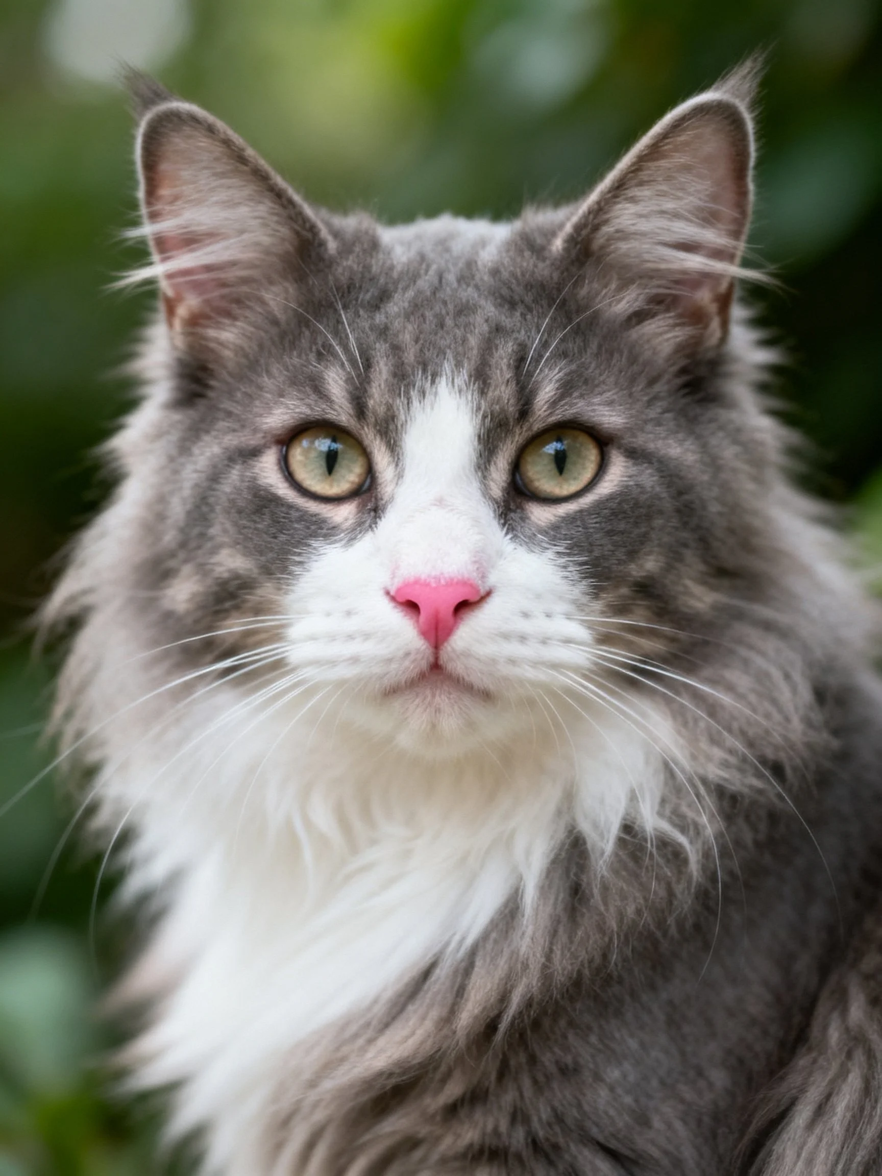 A gray and white fluffy cat with green eyes and pink nose looks directly at the viewer.