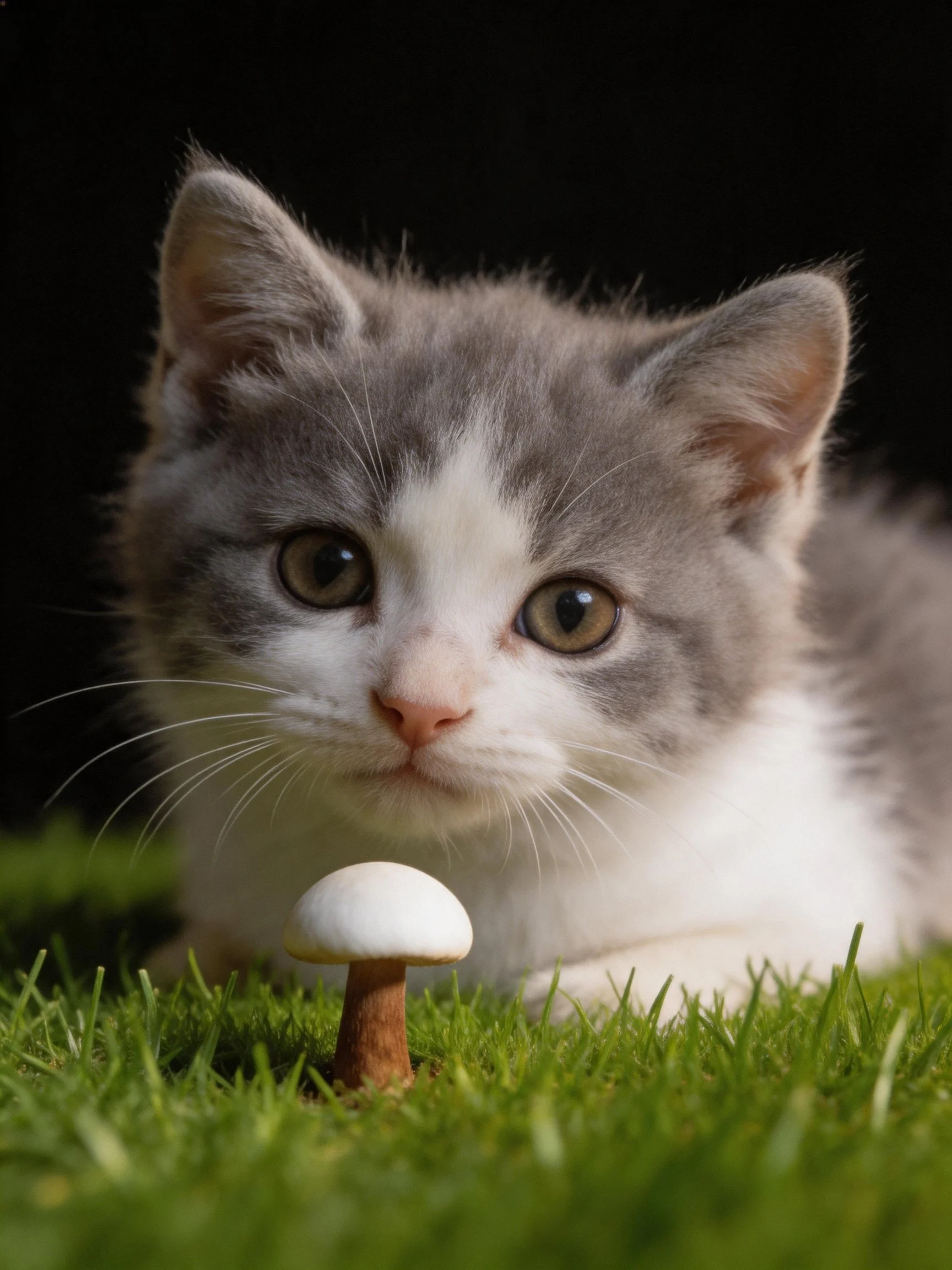 Gray-and-white kitten beside a small mushroom on green grass