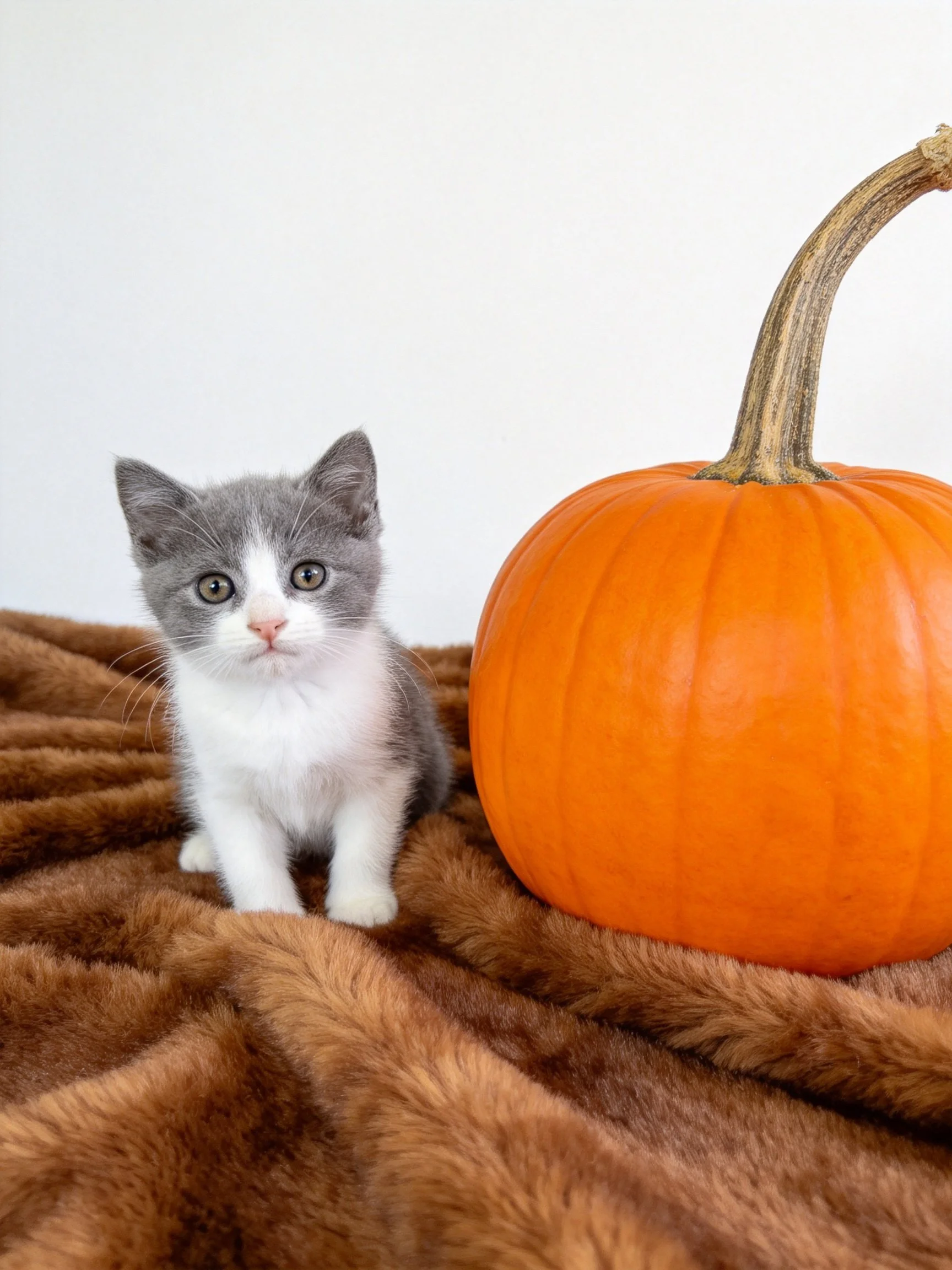 A small gray-and-white kitten sits next to a large orange pumpkin on a soft brown blanket.