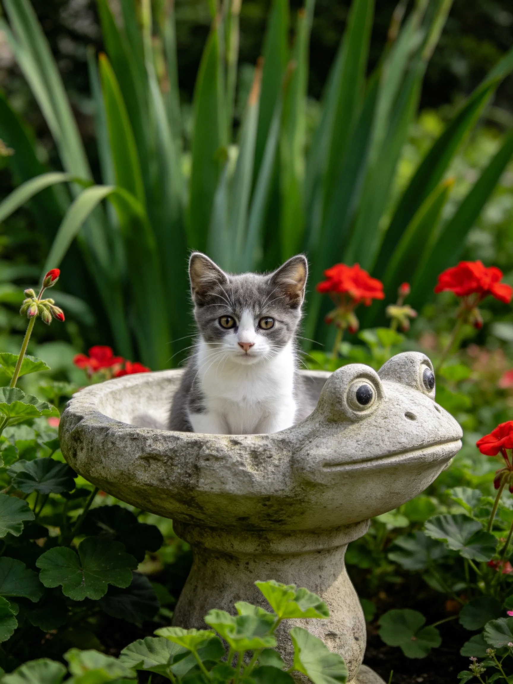 A gray and white kitten sits inside a frog-shaped stone container amid lush greenery and bright red blooms.