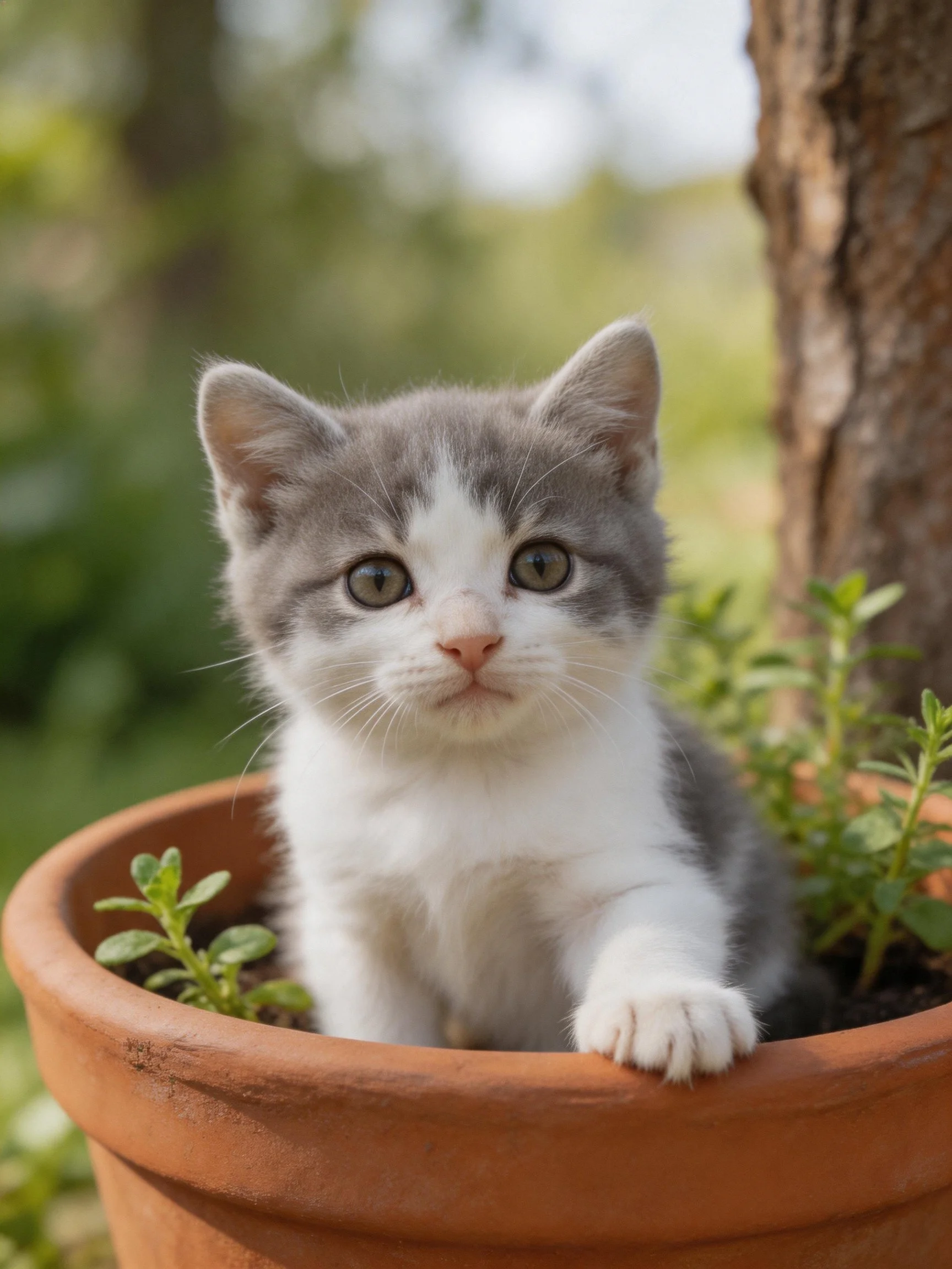 Gray-and-white kitten in terracotta pot near tree