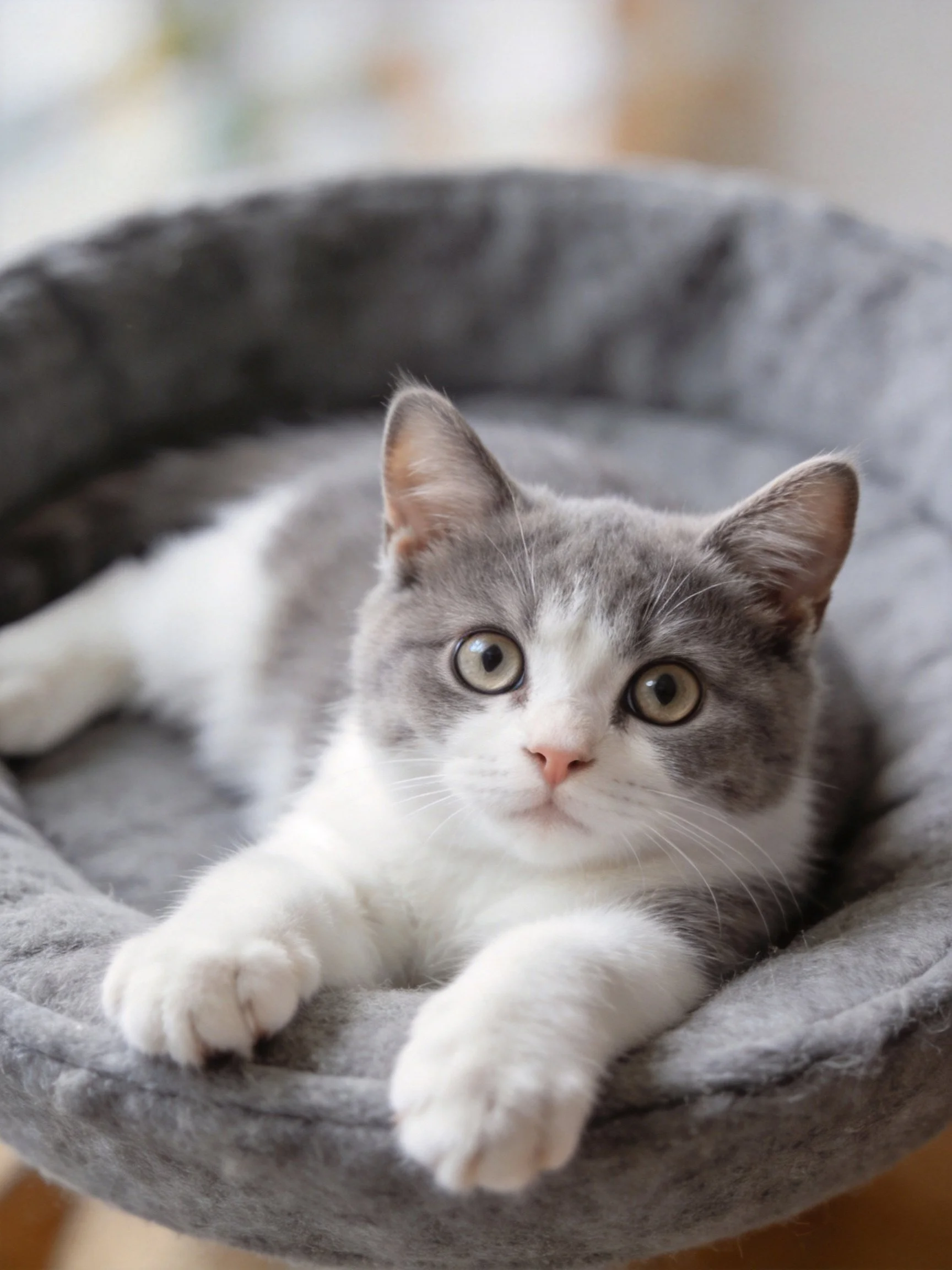 Gray and white kitten lounging in a plush gray pet bed