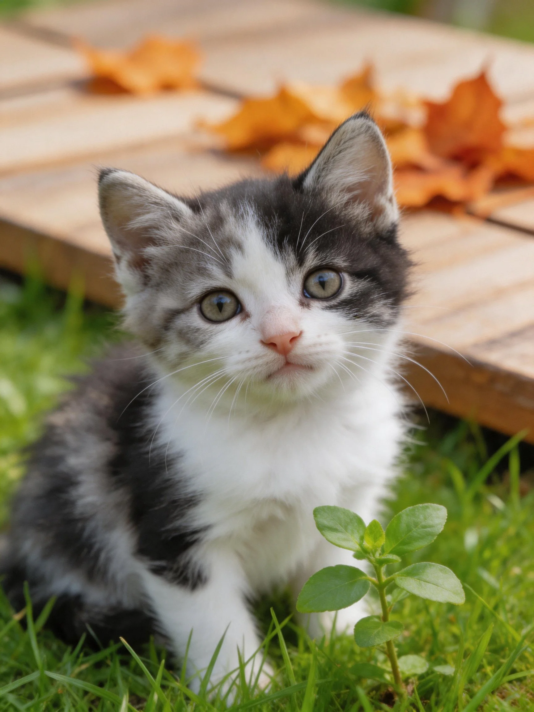 A gray and white kitten rests on grass next to wooden planks with autumn leaves.