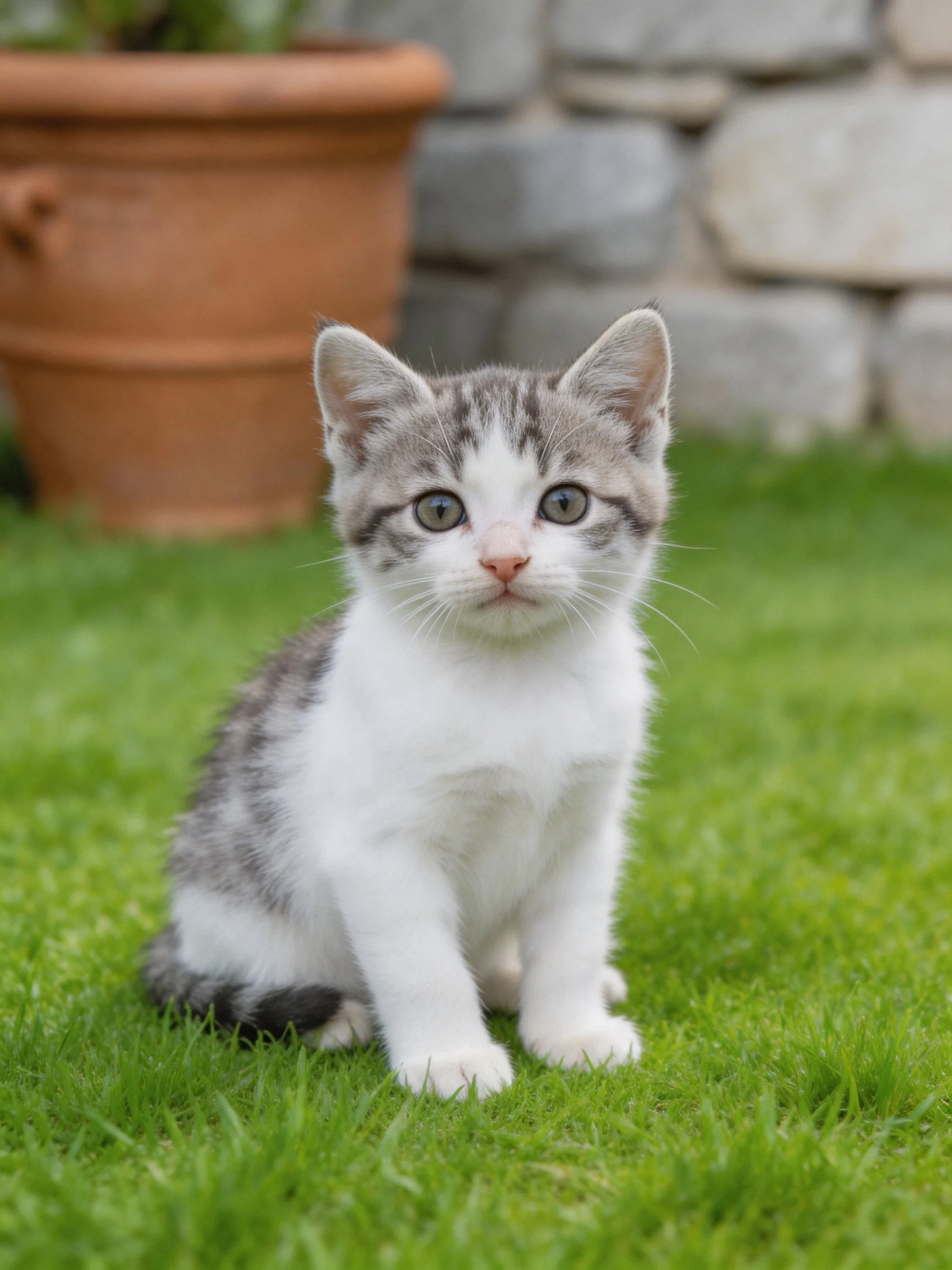 A gray-and-white kitten sits on green grass with a terracotta pot nearby.
