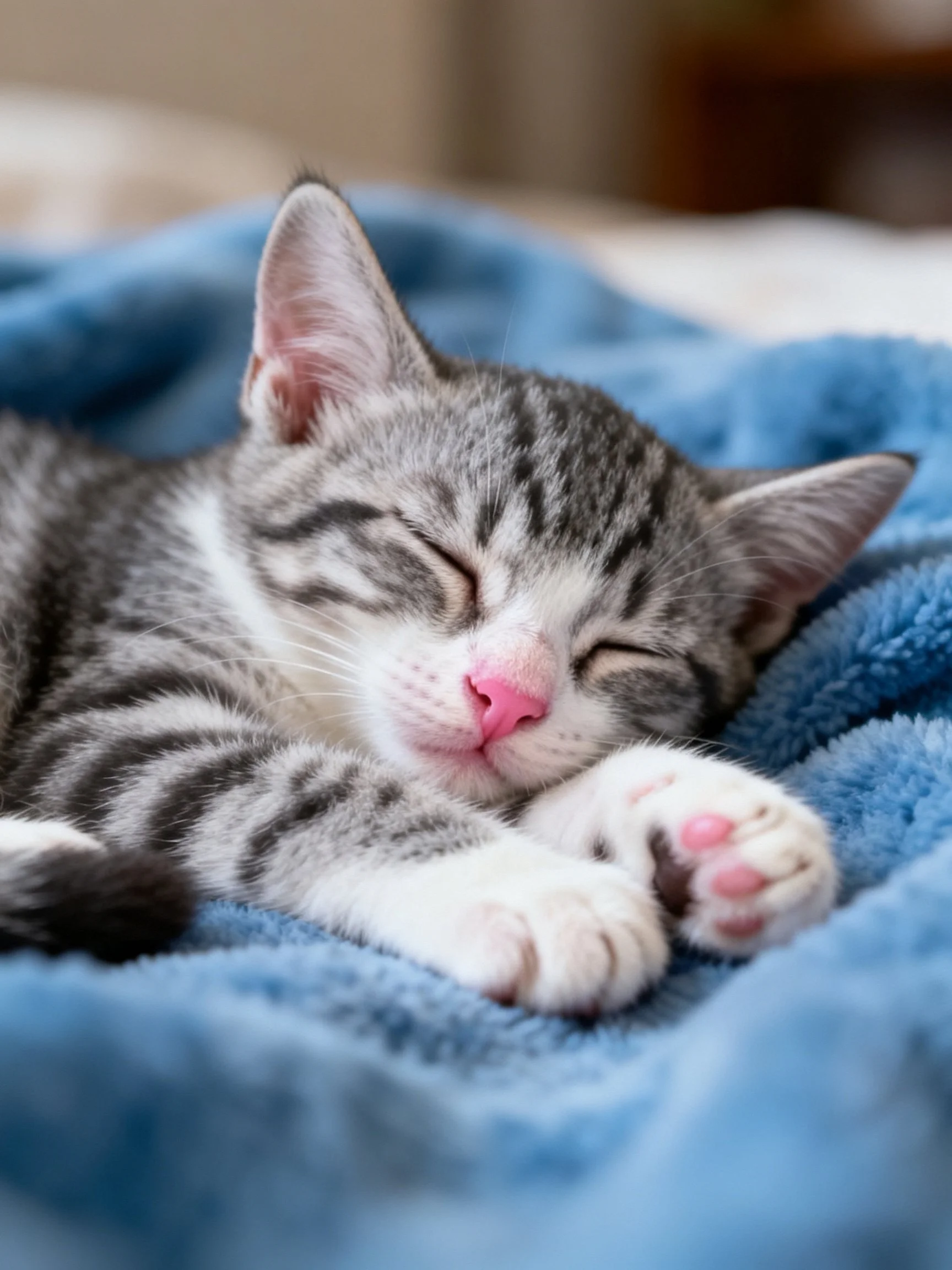 Gray and white kitten peacefully sleeps on a soft blue blanket