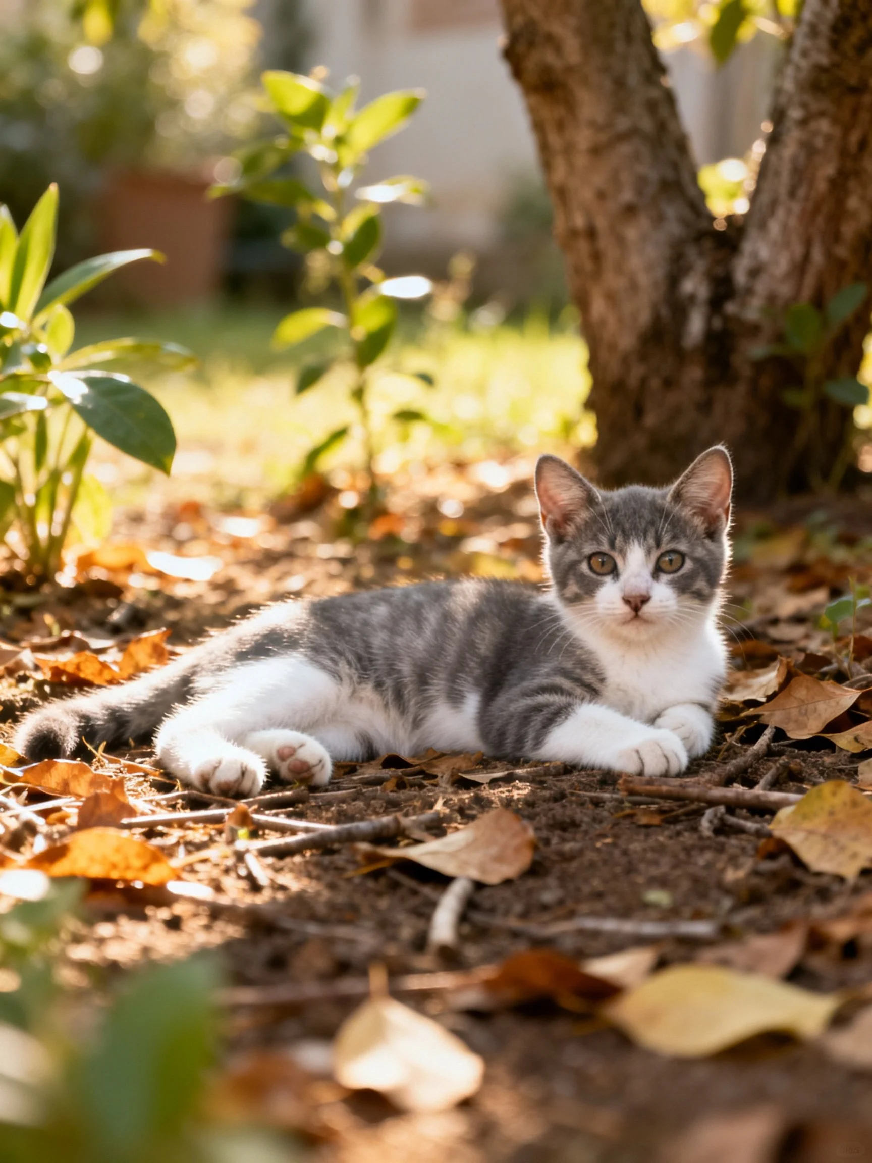 A gray-and-white kitten relaxes among fallen leaves near a tree in sunlight.