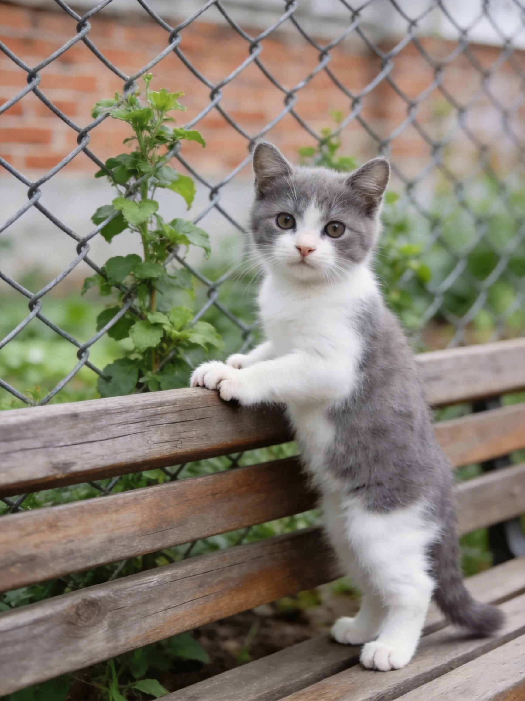 A gray and white kitten stands on a wooden bench near a chain-link fence.