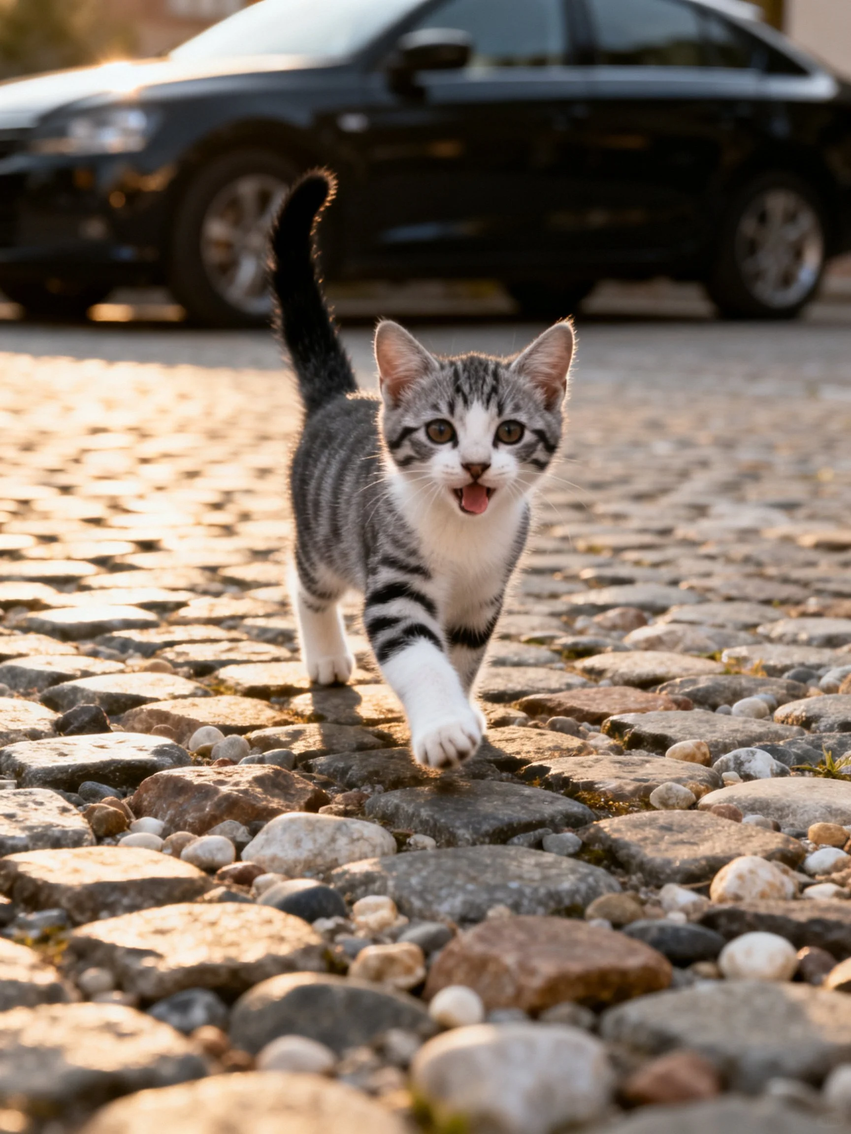 A gray and white kitten walks toward the viewer on a cobblestone path with a black car in the background.
