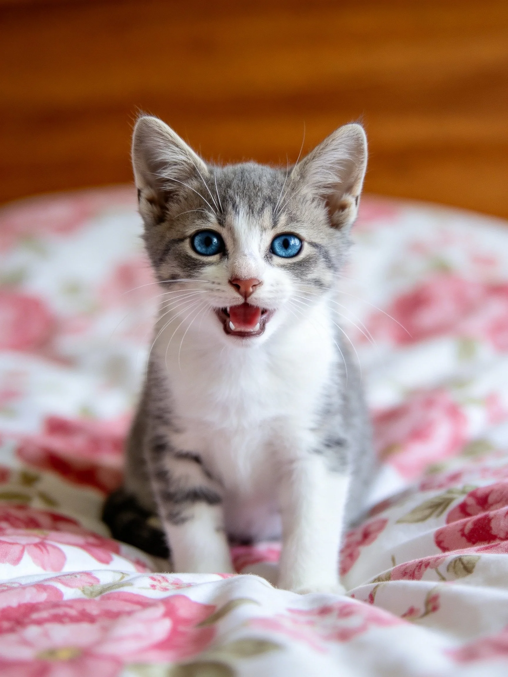 Gray and white kitten with blue eyes on pink floral fabric