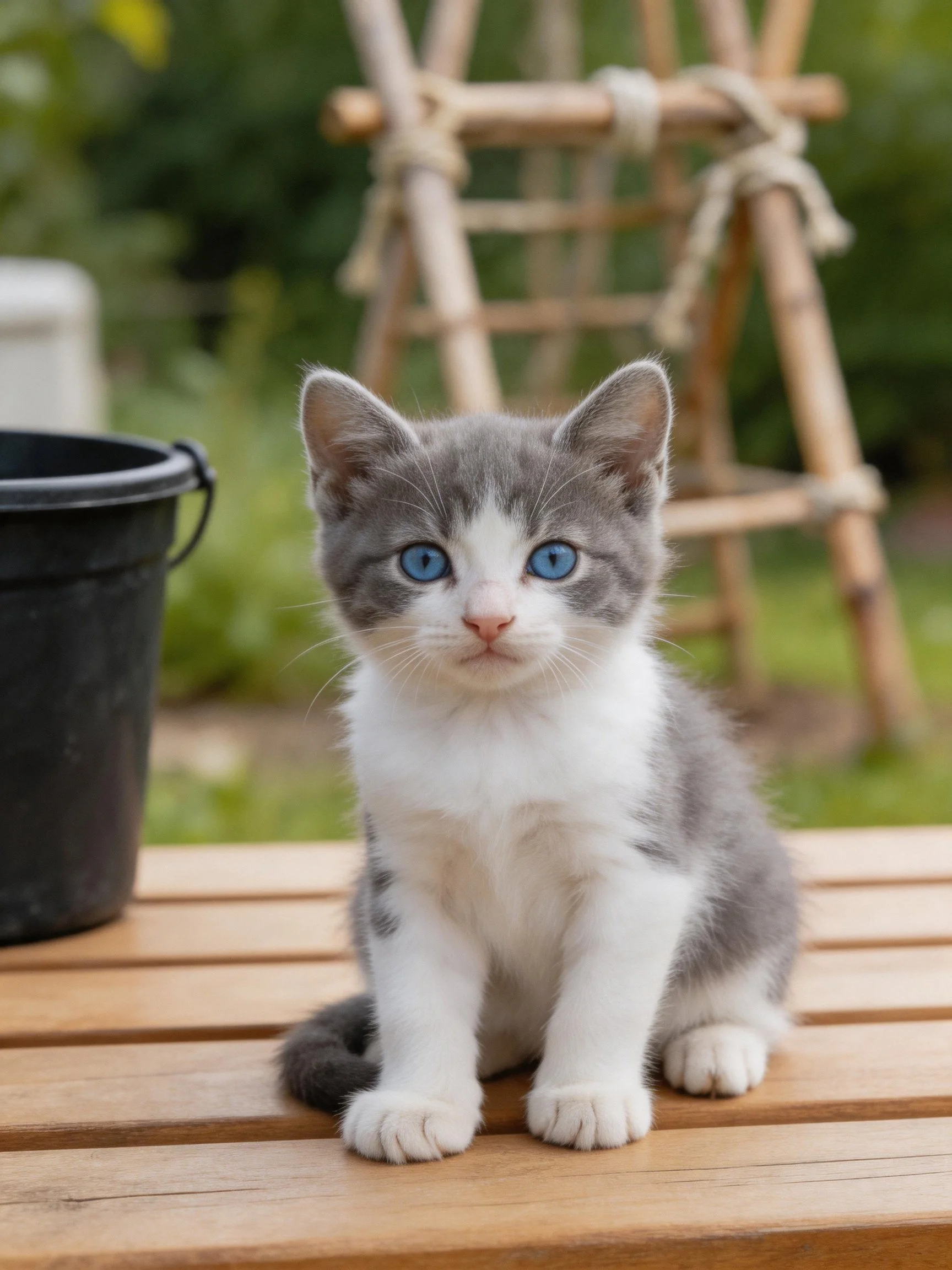 Gray and white kitten with blue eyes on wooden patio near black bucket