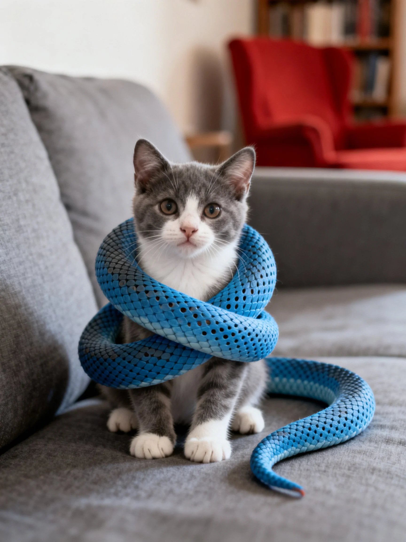 Gray and white kitten wrapped in blue mesh snake toy on gray couch